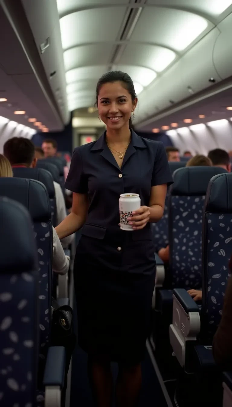 AI image prompt: Slightly overexposed photo of a flight attendant in the aisle of a plane, circa 2019. The flight attendant, dressed in a sharp uniform, is handing out drinks to passengers, with a polite smile. The plane’s interior is dimly lit, with reading lights scattered across the rows of seats. The image captures the narrow aisle and the patterned seats stretching into the background. There’s a sense of cramped, busy energy, yet the attendant’s calm demeanor contrasts with the chaos around her, giving the photo a professional but everyday feel.