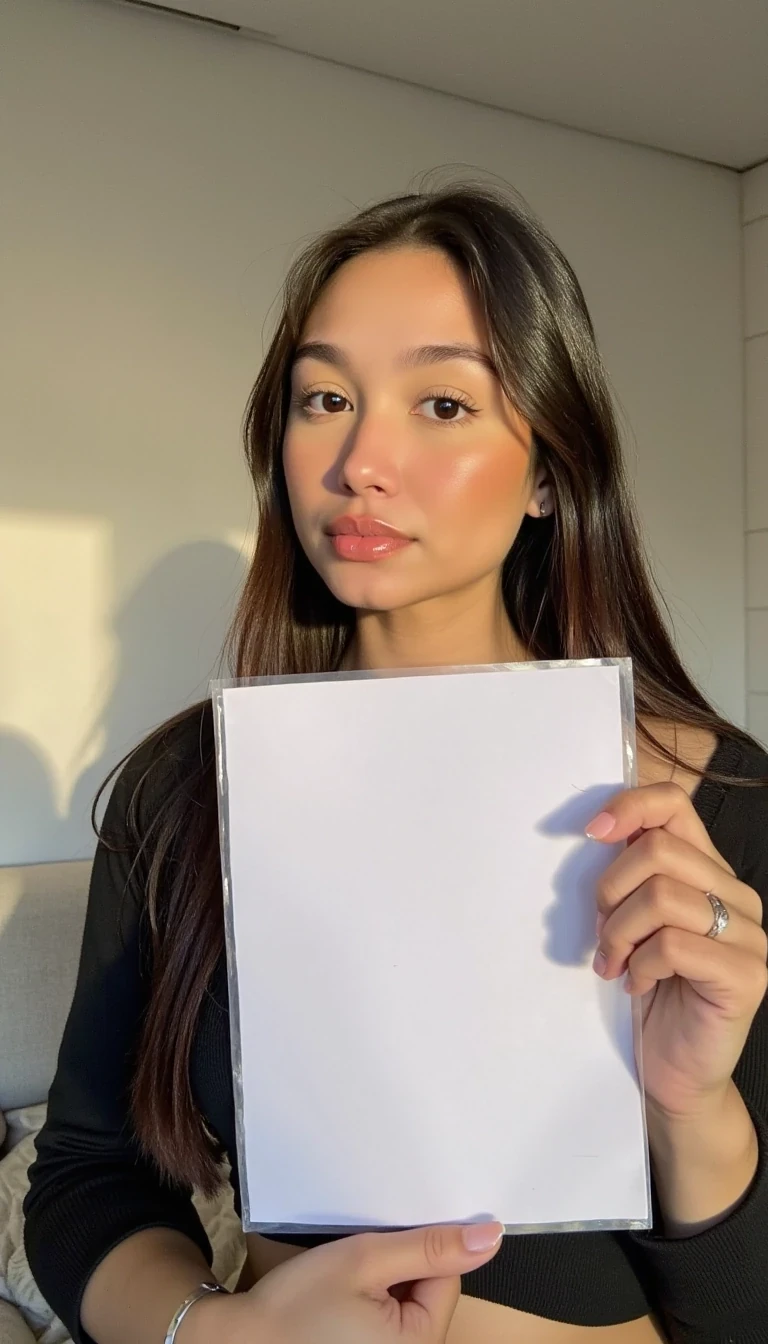 photo of woman CSTMDL, low quality snapchat photo circa 2015, selfie, holding a piece of white paper, realistic photo, sun lighting, long sleeve clothes, upper body photo, wall background 