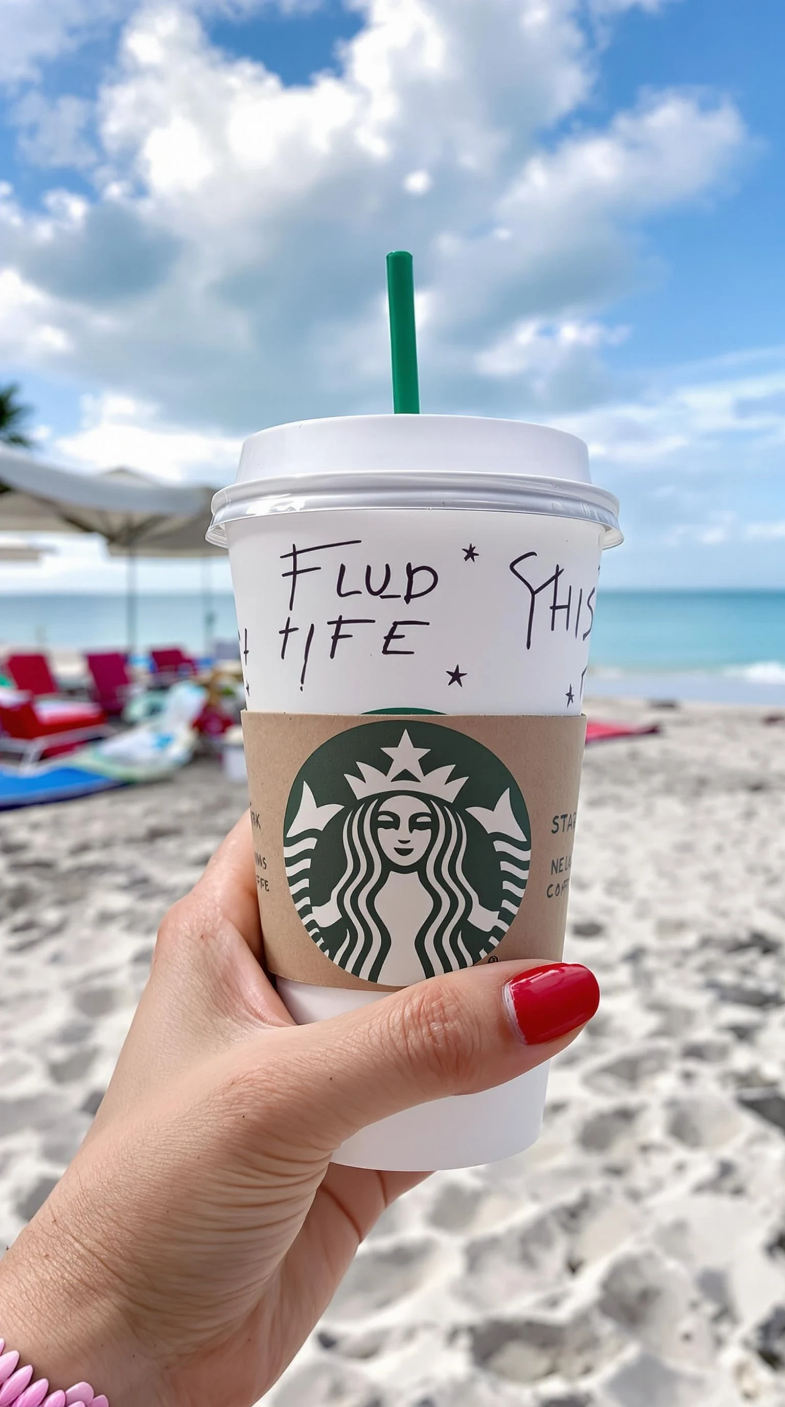 girl's hand holding starbuck coffee, red polished nails, at beach in miami