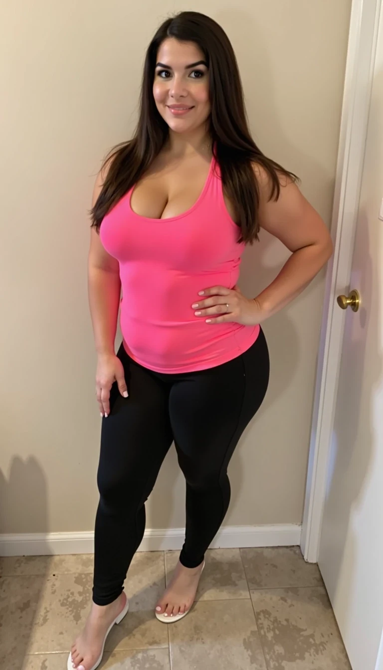Photo of woman CSTMDL with massive round perfect boobs, she should have long straight hair, her cleavage should be pushed up, she should be 18, she should be wearing a low cut hot pink tank top, she should be wearing skin tight black yoga pants, she should be wearing white flip flops, she should be slim, she should have a massive perfect ass