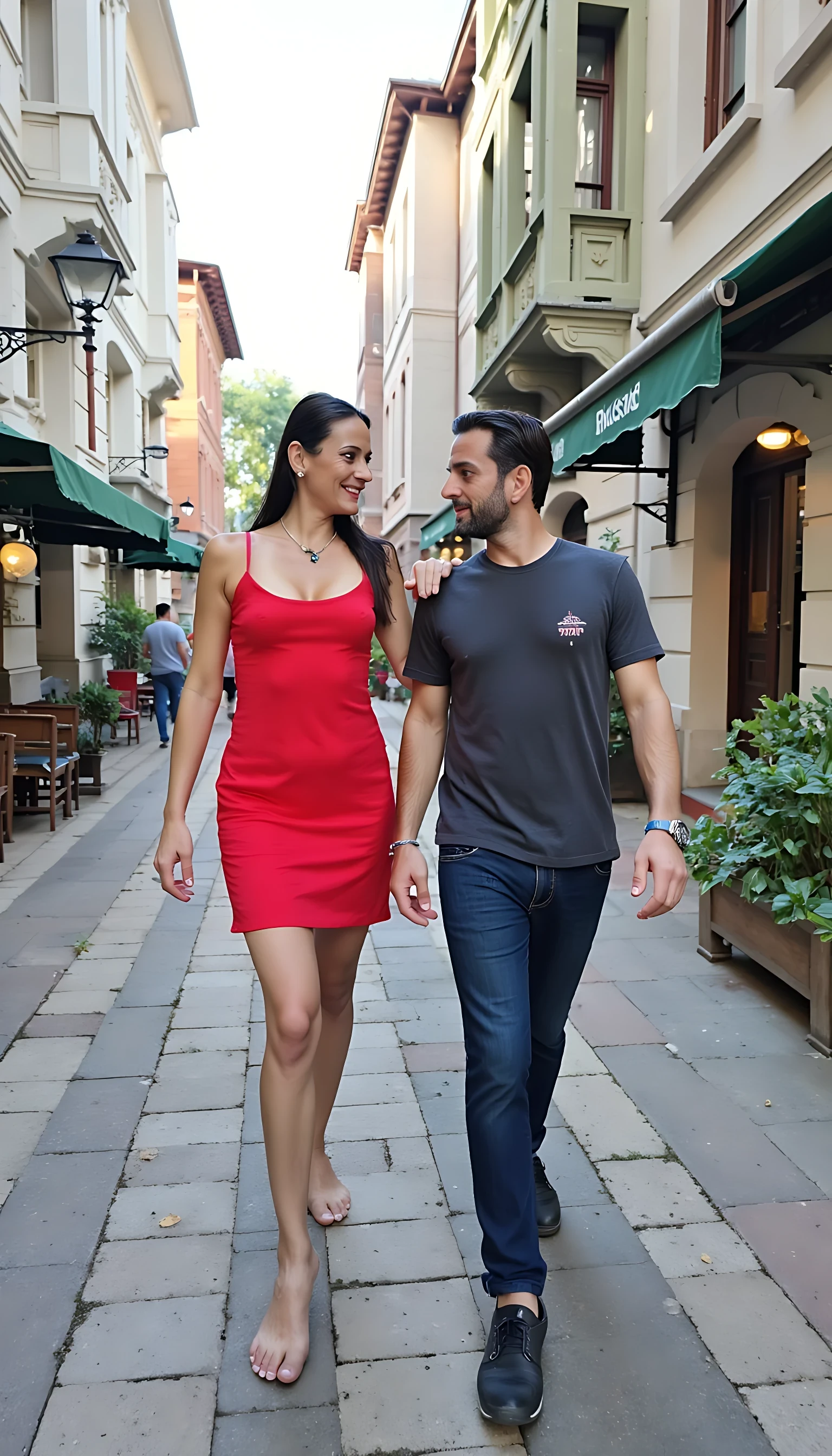 photo of brunette woman CSTMDL, boring low quality photo circa 1960, red short dress, walking on street of istambul with young handsome sporty man, happy face