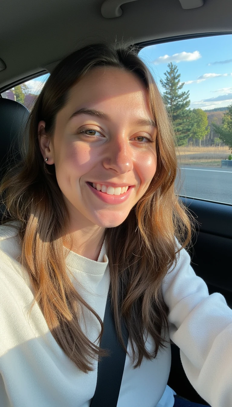 boring low quality snapchat photo circa 2015, A young woman with a warm smile, sitting in the driver's seat of a cozy car. She has soft, wavy brown hair cascading past her shoulders. The sunlight streams through the window, casting a gentle glow on her face. The interior of the car is neat and comfortable, with a coffee cup in the cup holder and a small plant on the dashboard. The background outside the window shows a scenic road lined with trees and blue skies


And her taking her clothes off
