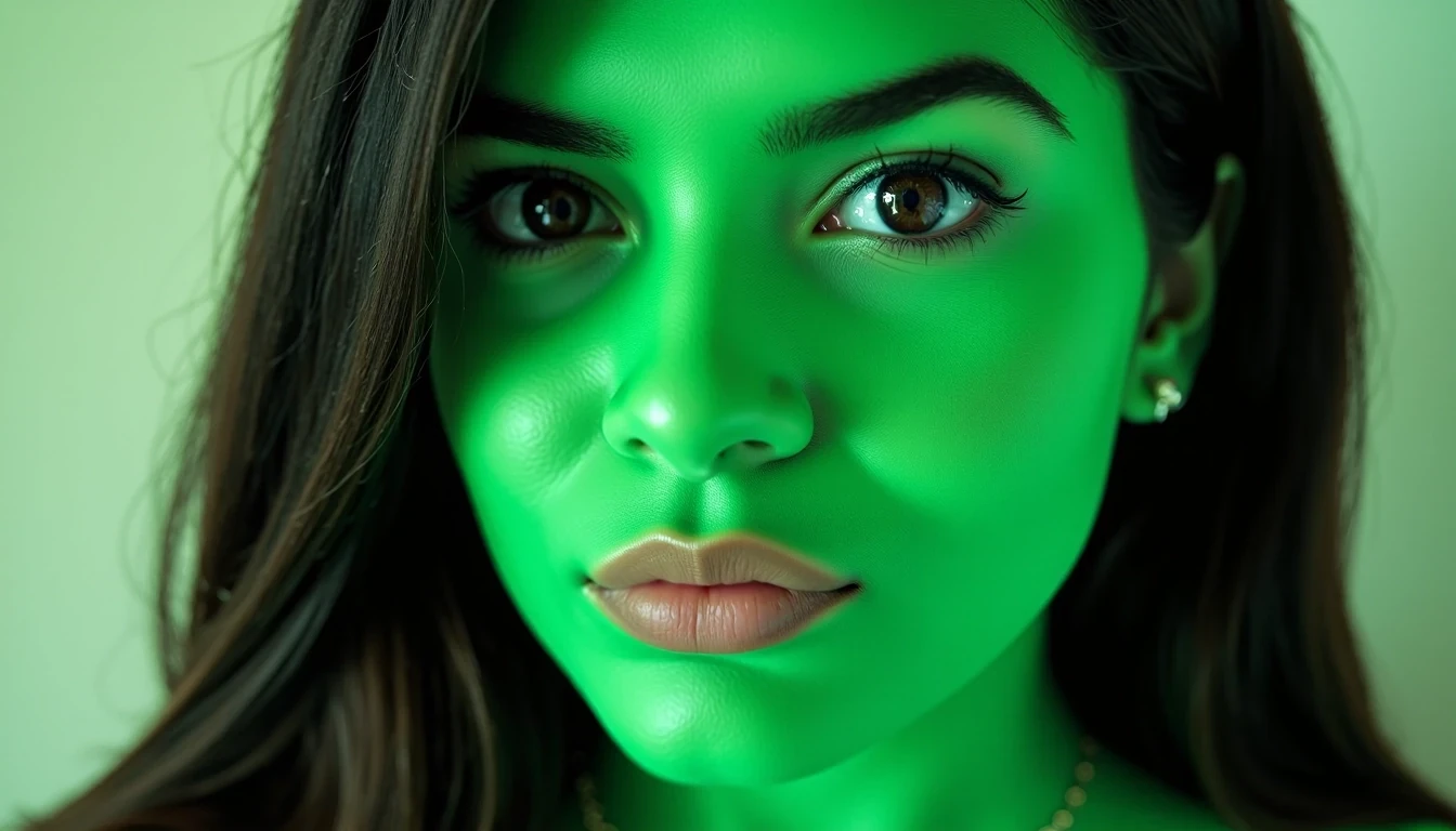 photo of woman CSTMDL with green skin, her skin should be green, score_9,score_10