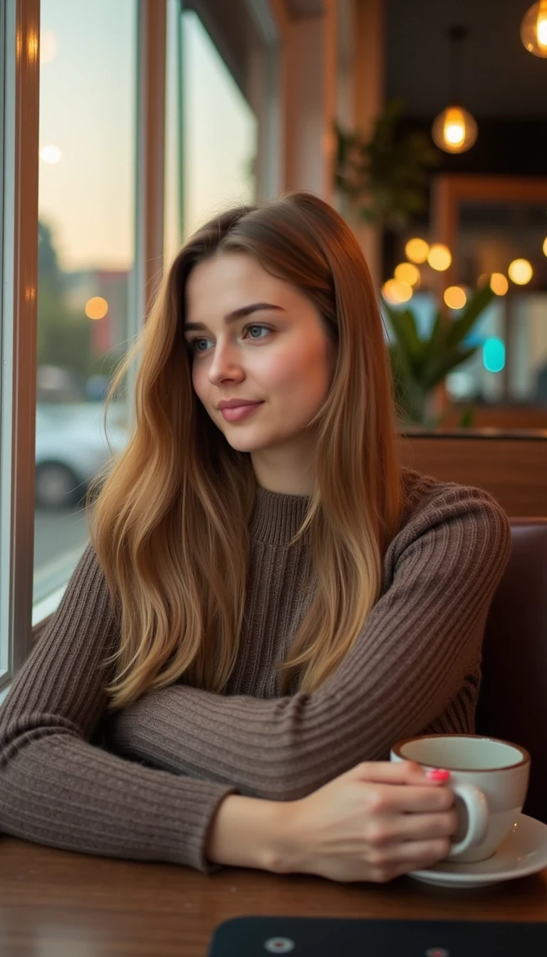 Young woman with soft light brown hair, sitting alone at a cozy café table by a window, wearing a casual sweater. The light from the late afternoon sun filters through the window, casting a warm glow on her face and creating soft shadows. She’s holding a coffee cup, looking thoughtfully out the window, with gentle bokeh lights from the café interior in the background.
