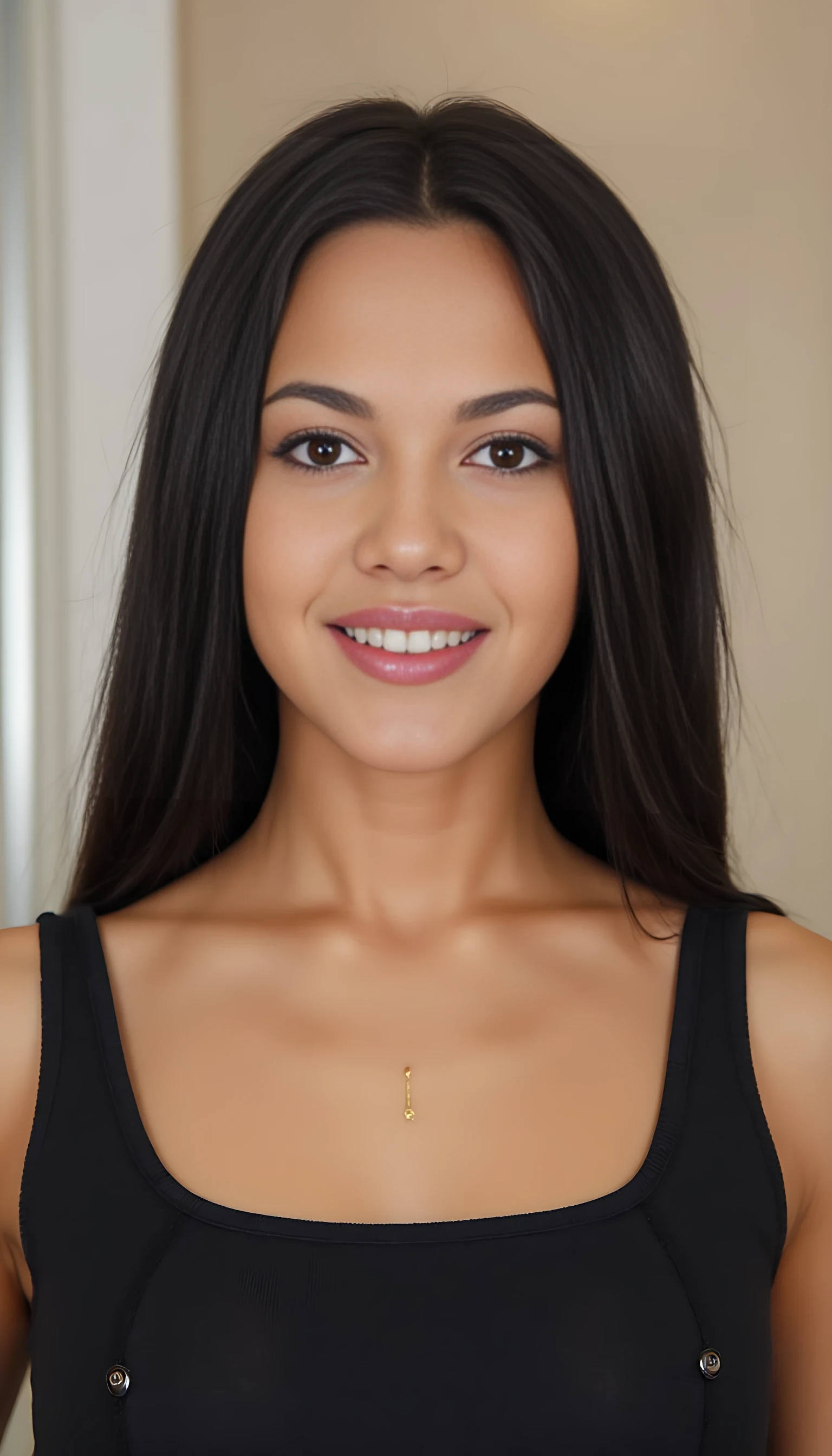Photograph of a smiling woman with medium brown skin and straight black hair, wearing a black dress with a square neckline. She has small earrings and a gold necklace. Background is a beige wall with a silver curtain rod.