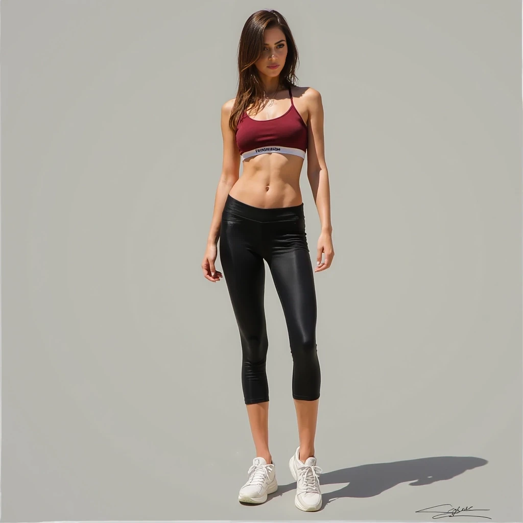 cute woman, hot pants, sneakers, sports bra, brunette hair