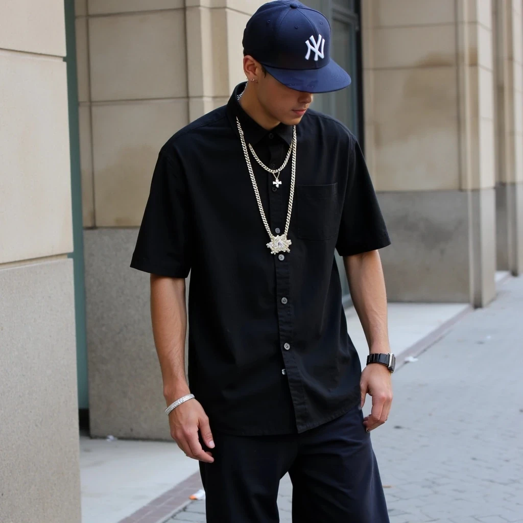 Black shirt with chains, two earrings studs for men, hiphop, short hair, with the NY fitted hat navy blue, watch on left wrist, white gold bracelet on right wrist, shorts with white sneakers, polo shirt