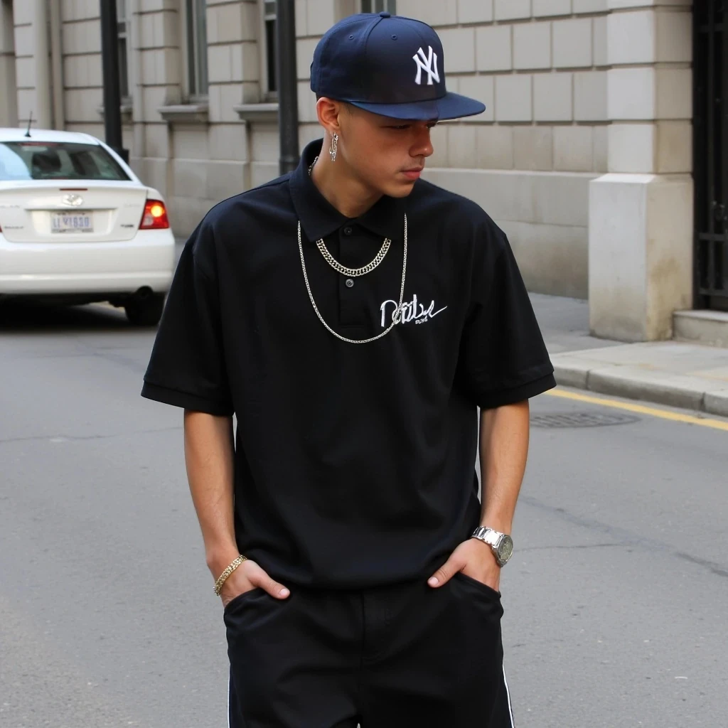 Black shirt with chains, two earrings studs for men, hiphop, short hair, with the NY fitted hat navy blue, watch on left wrist, white gold bracelet on right wrist, shorts with white sneakers, polo shirt