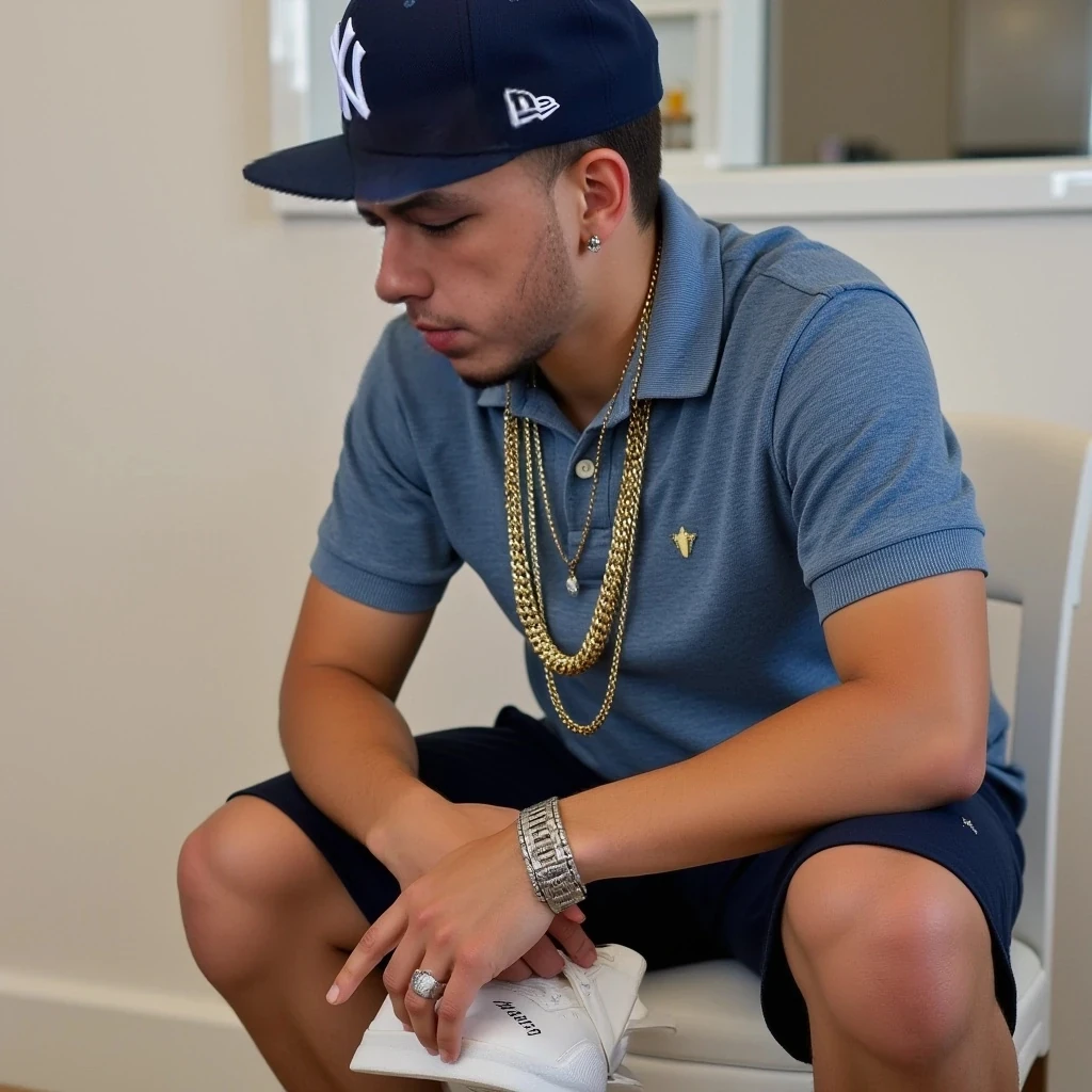 short hair, hiphop, with the NY fitted hat navy blue, chains on, watch on left wrist, white gold bracelet on right wrist, two earrings studs for men, shorts with white sneakers, polo shirt