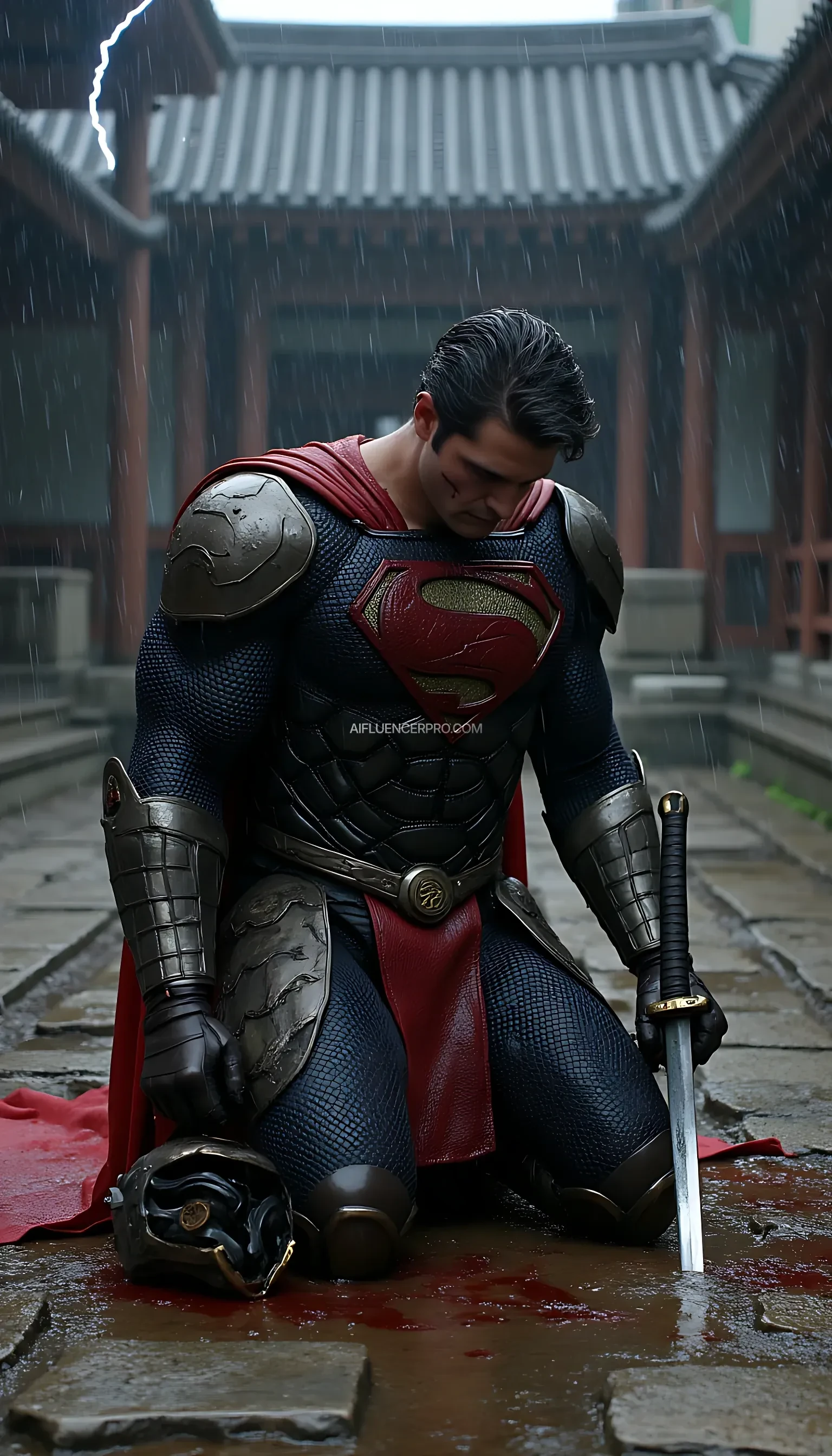 A photorealistic Superman wearing a battle-worn samurai-inspired suit, kneeling in exhaustion after an intense fight. The samurai armor is damaged, with scratches, dents, and torn edges revealing the hardships of battle. The once-pristine metallic plating is smeared with dirt and blood, while the iconic 'S' symbol on his chest remains faintly visible through the grime. His futuristic samurai helmet lies discarded beside him, revealing his disheveled hair and bruised face, marked with determination despite his fatigue. He kneels in a torrential downpour, using his katana to support himself, the blade partially embedded in the wet stone ground. Rain cascades over his battered figure, mixing with blood and mud as it pools around him. The scene is set in an ancient Japanese temple courtyard, shrouded in darkness and lit only by occasional flashes of lightning. Thunder rolls in the distance, adding to the dramatic intensity of the moment as Superman gathers his strength, ready to rise again