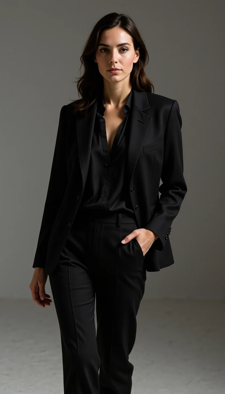 Model age: 30
Ethnicity: French
Style: Powerful, Elegant, Editorial, Dark Glamour, CSTMDL woman
Walking slowly toward camera in tailored black blazer and pants, silk blouse, minimalist boardroom, direct gaze, full-body editorial