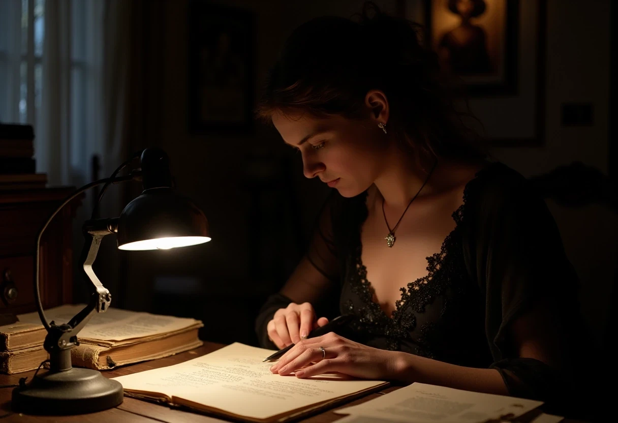 photo of woman CSTMDL, brunette, small pendant, hair tied, blue eyes, black night dress, working late night at her desk. The room is dark, the only light is a Gallé art nouveau desk lamp.
She’s surrounded by old books and sheets of paper she worked on.
She’s surrounded by her works in a beautiful art nouveau room