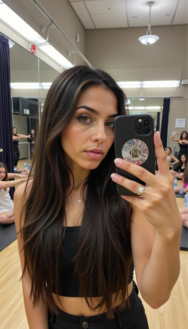 Boring low quality Snapchat photo circa 2013, iPhone 4 mirror shot of CSTMDL in a dance studio after class. Mediterranean woman; golden‑olive skin; extra‑long sleek brunette waves; almond‑shaped green eyes framed by thick black lashes; arched brows; contoured cheekbones; button nose; full nude lips. Skin stays human—pores, flush on cheeks, under‑eye shadows, small forehead texture, oil sheen on nose; peach fuzz and flyaways visible. Pose: relaxed stance, one hand on hip, the other holding phone; classmates stretch in the background with water bottles on the floor. Lighting: mixed cool strip lights and window glare, producing overexposed patches on her cheek and blown reflections on the mirror. Quality: grainy, muted, compression artifacts on hair, mirror streaks