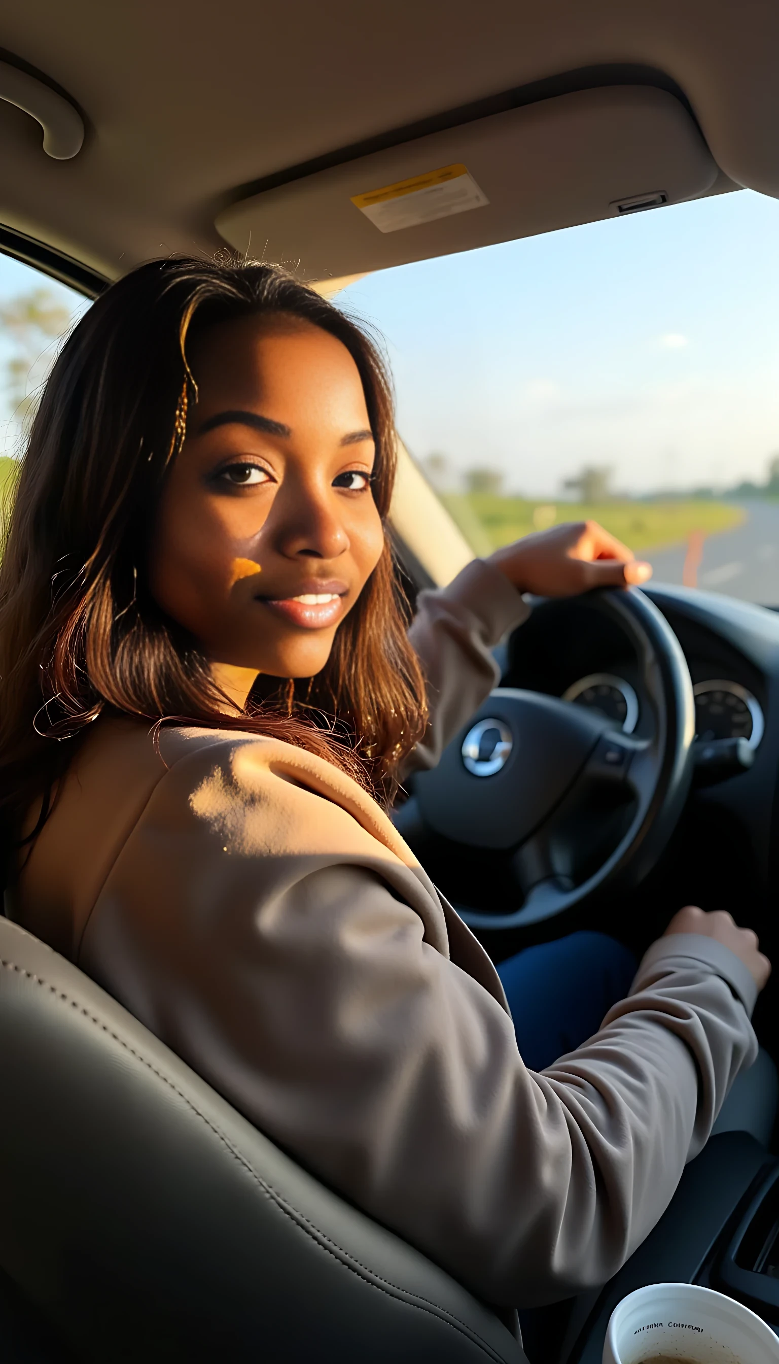 a Kenyan woman with a warm smile, sitting in the driver's seat of a cozy car. She has soft, wavy brown hair cascading past her shoulders. The sunlight streams through the window, casting a gentle glow on her face. The interior of the car is neat and comfortable, with a coffee cup in the cup holder and a small plant on the dashboard. The background outside the window shows a scenic road lined with trees and blue skies, black brads hair 