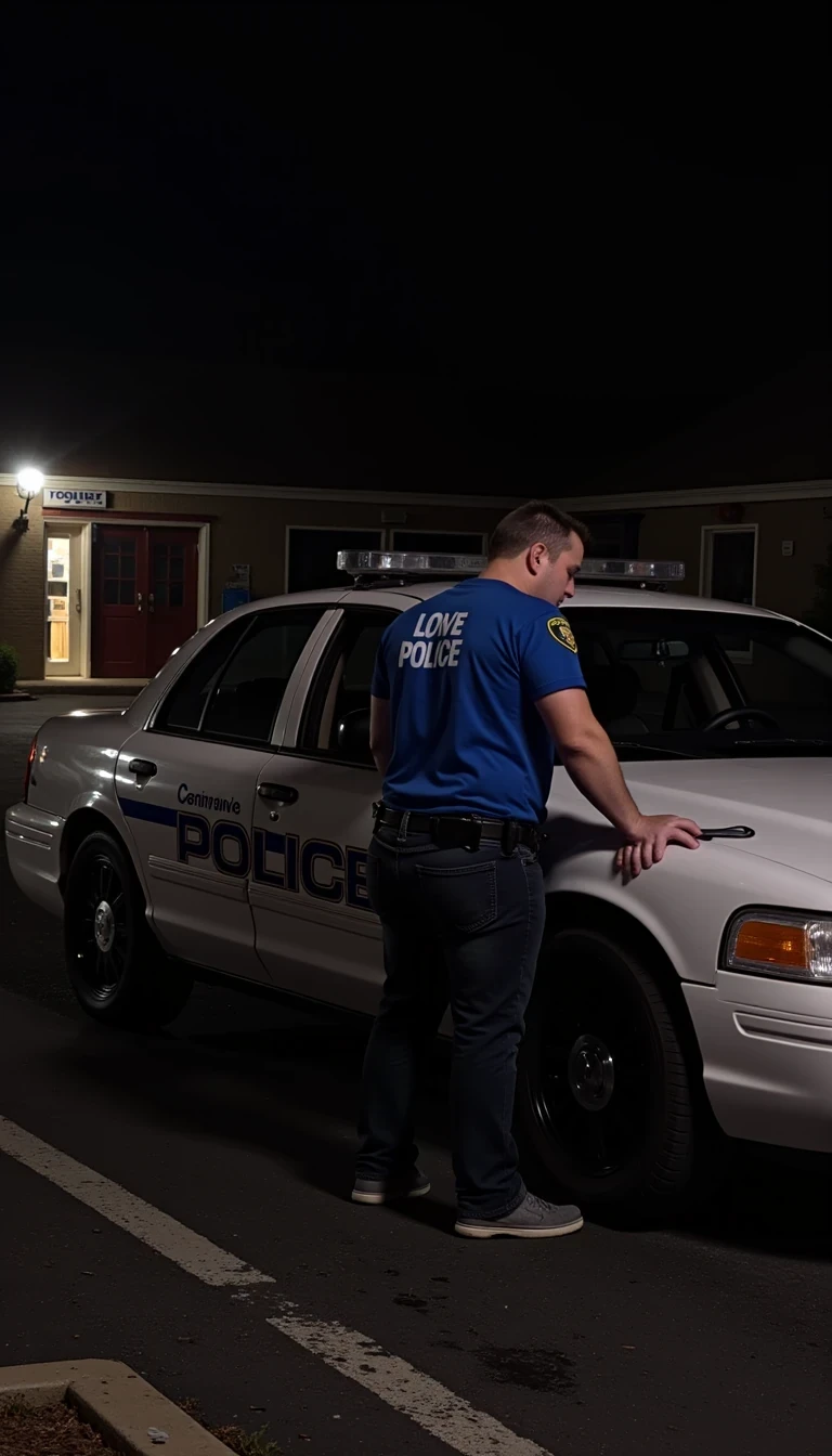 photo of man CSTMDL, photo of a police officer standing in front of a police car, circa 2014. The officer, wearing a slightly oversized uniform, is leaning against the hood of the car, looking down at a clipboard. The police station is barely visible in the background, partially hidden by the dark shadows of the early evening. A single streetlamp illuminates the scene, creating a stark contrast between the officer’s blue uniform and the dimly lit surroundings. The photo feels off-the-cuff, capturing a routine moment during a quiet night shift.