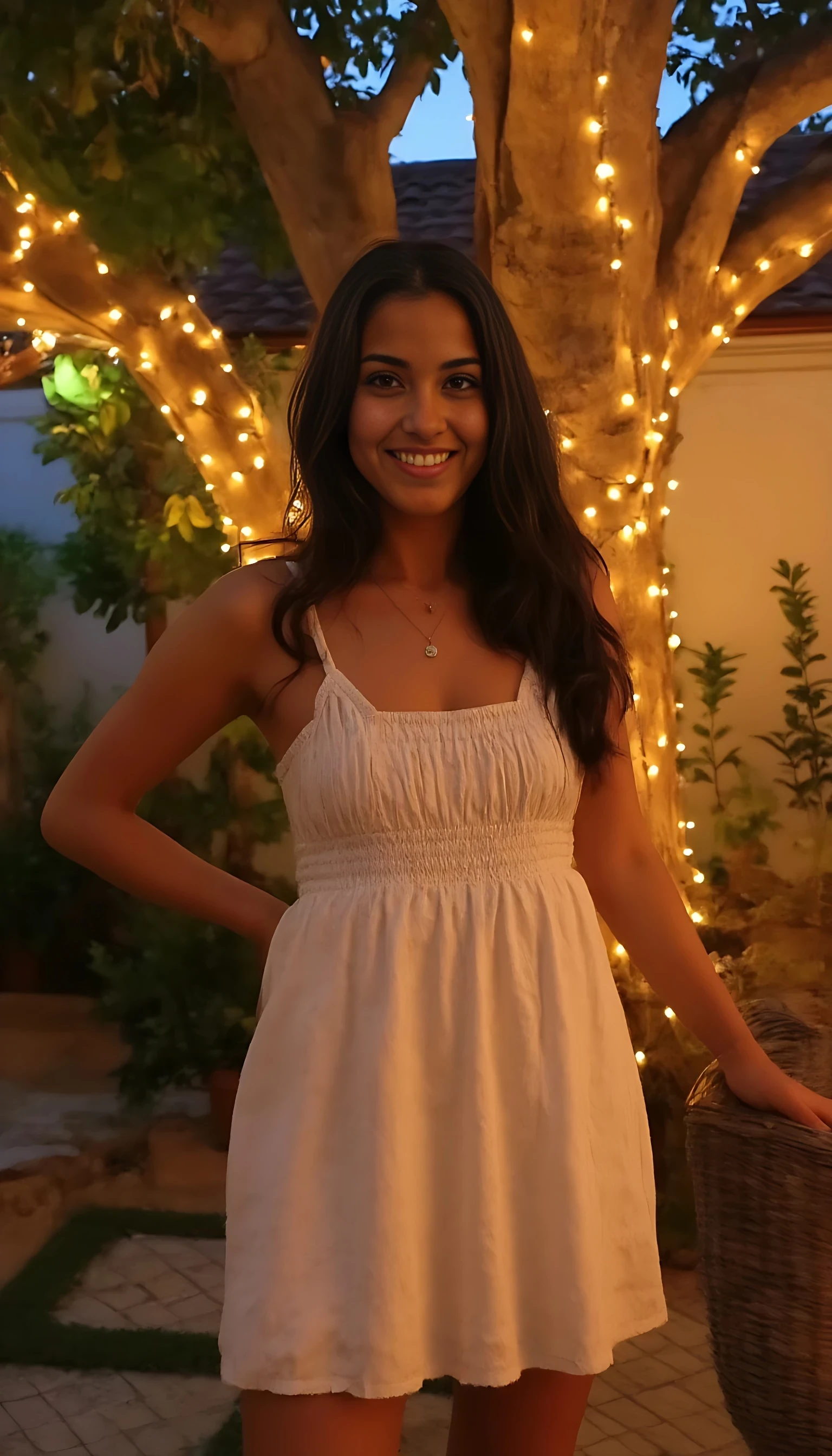 A full body shot photo of a woman standing outdoors at a cozy, warmly lit patio in the evening, with soft, glowing lights wrapped around a tree behind them creating a charming atmosphere. The image is rich in detail, with warm tones and clear textures throughout. The woman has tanned skin, a slim build, and long wavy dark brown hair cascading to her middle. She is wearing a cute cream summer mini dress. The background features a large tree with sparkling string lights wrapped around its trunk and branches, adding a magical touch to the scene. The setting suggests a private outdoor seating area, with elements like terracotta-tiled roofing, greenery, and rattan chairs contributing to a serene, inviting vibe. The overall composition is balanced, with the woman framed against the softly glowing tree, and the lighting enhances the warm, intimate feel of a quiet evening shared among friends. The details are vivid, with textures of clothing, skin, and background elements clearly visible, while the warm lighting creates a relaxed and joyful mood