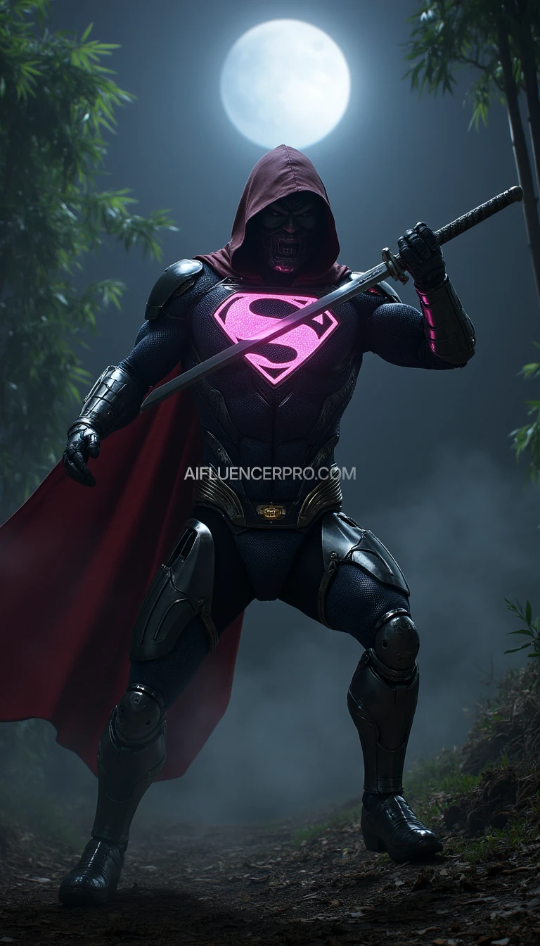 A futuristic Superman wearing a modified ninja-inspired suit, ready to strike in an aggressive attacking pose. The suit is sleek and metallic with robotic elements and armor plating. He wears a traditional ninja hooded cloak that flows dynamically with futuristic fabric. In his hand, he wields a glowing katana. The iconic 'S' symbol glows prominently on his chest, radiating power. The overall design blends dark metallic tones with Superman's signature red and blue accents. He lunges forward, katana raised, in a misty bamboo forest at night, with moonlight filtering through the trees and creating a mysterious, dramatic atmosphere.