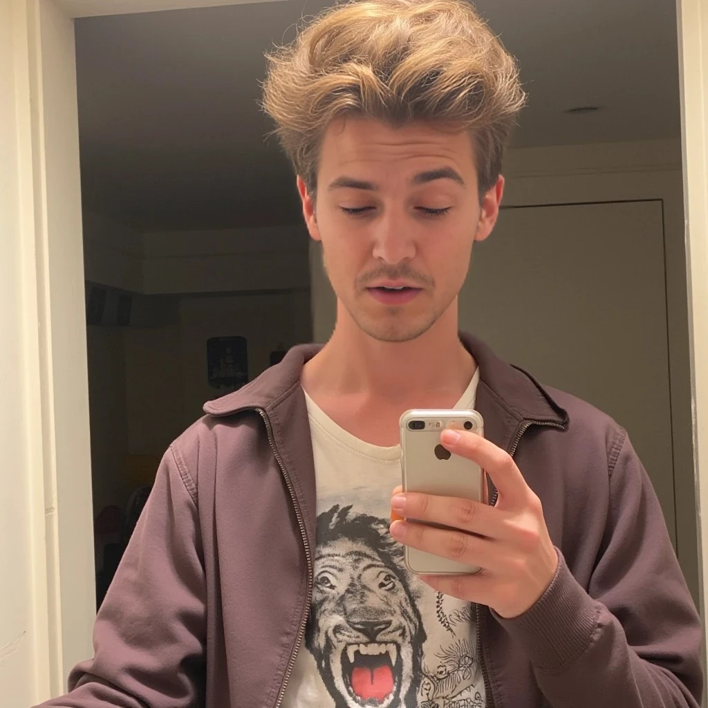 boring low quality snapchat photo circa 2015, cute man, soft light brown hair, full outfit
