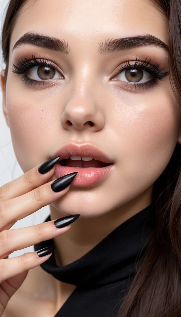 photo of woman CSTMDL, close-up wearing strong black make up, covering her lips with long pointy nails, white background, egdy --ar 2:3 --v 6.0