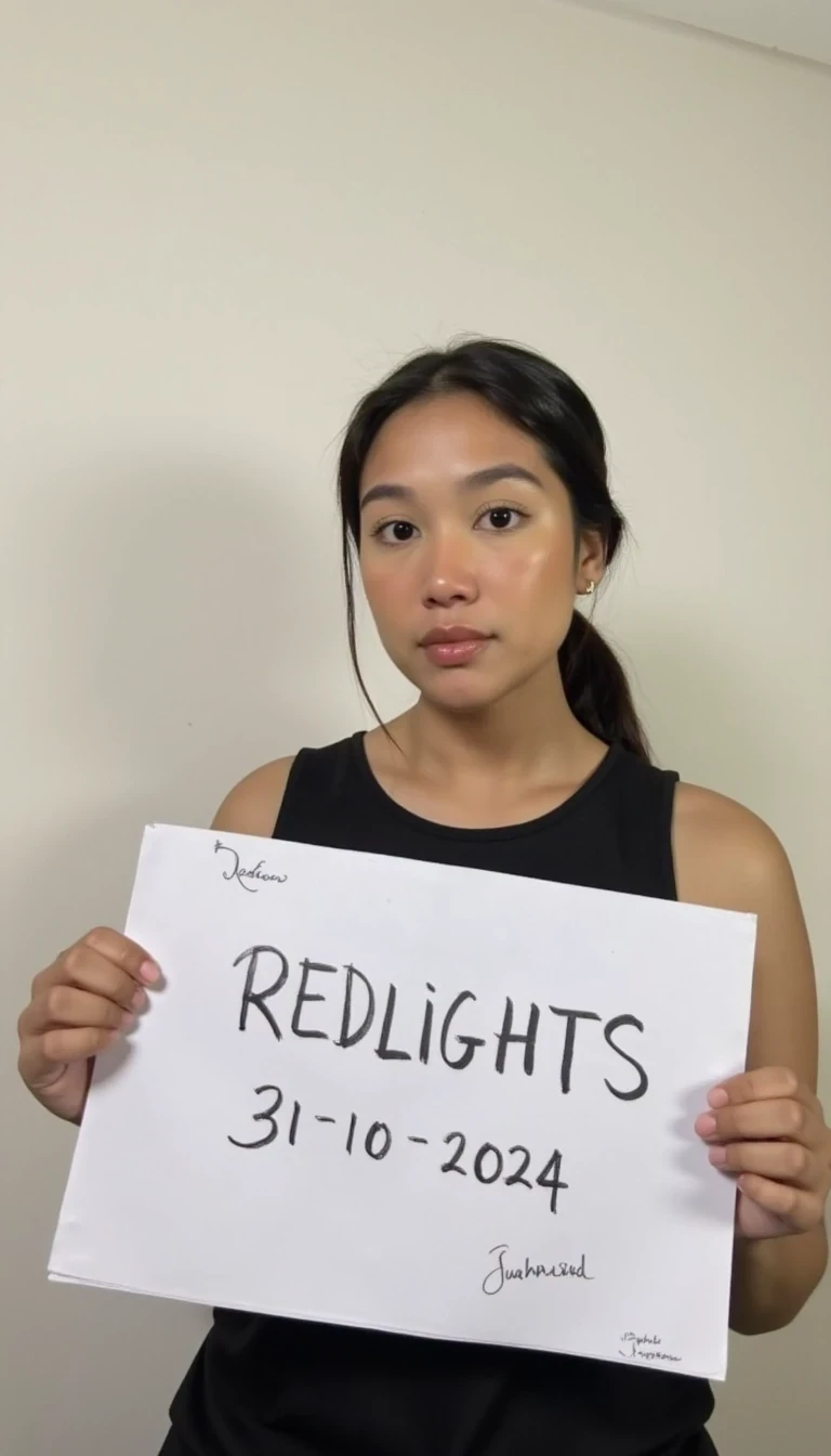 photo of woman CSTMDL,  woman holds a sign with handwritten text. She is wearing a black sleeveless top and has neutral makeup. The sign reads "REDLIGHTS" followed by "31/10/2024" in a simple script. The background is a plain, light-colored wall, providing a minimalist and uncluttered setting.