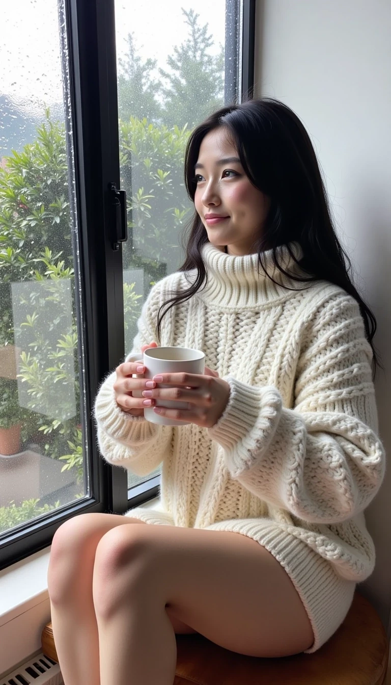 This is a high-resolution photo of Amy sitting on a window bench, wrapped in a chunky, oversized cream sweater. Her long black hair is slightly tousled, framing her fair face as she looks out the window with a wistful expression. Outside, rain streaks the glass in soft patterns. Her bare thighs are visible beneath the sweater, and she holds a steaming mug of tea in both hands. Natural light filters through the rain-dimmed window, giving the room a soft, diffused glow. The overall vibe is quiet, intimate, and inviting.