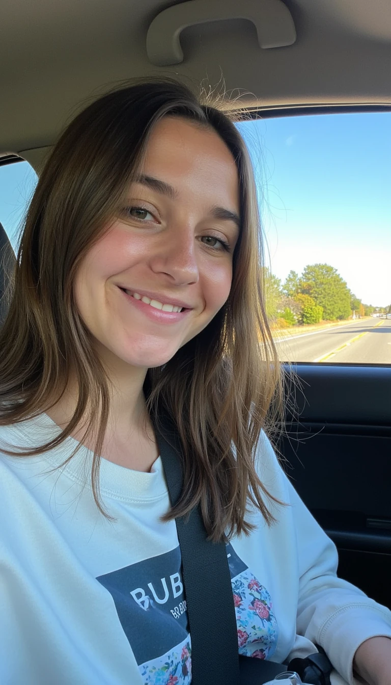 boring low quality snapchat photo circa 2015, A young woman with a warm smile, sitting in the driver's seat of a cozy car. She has soft, wavy brown hair cascading past her shoulders. The sunlight streams through the window, casting a gentle glow on her face. The interior of the car is neat and comfortable, with a coffee cup in the cup holder and a small plant on the dashboard. The background outside the window shows a scenic road lined with trees and blue skies