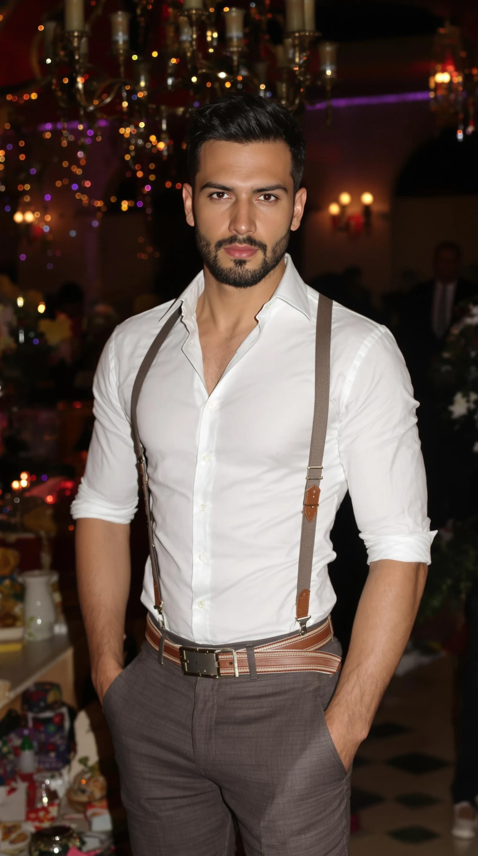 A very dominant masculine sexy beautiful man in a nice shirt and pants at a wedding