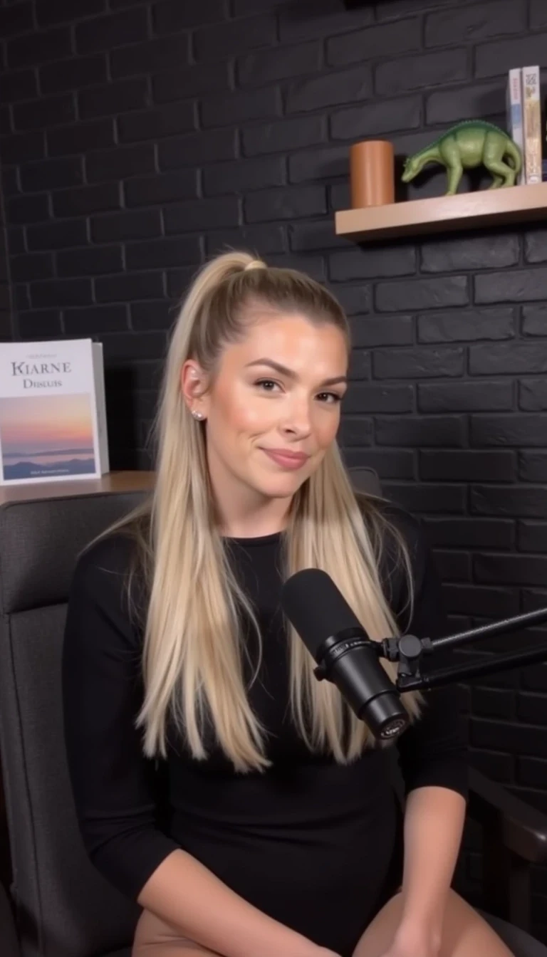 A woman with blonde hair pulled back, is speaking into a microphone. The background features a dark brick wall and a shelf with books and decorative items, including a small dinosaur figure and a picture of a serene landscape on a book cover. The setting appears to be a cozy, modern podcast studio with soft lighting. She is wearing a black bodysuit. You can see her full body as she sits in a chair. You can see her full body in the photo. 