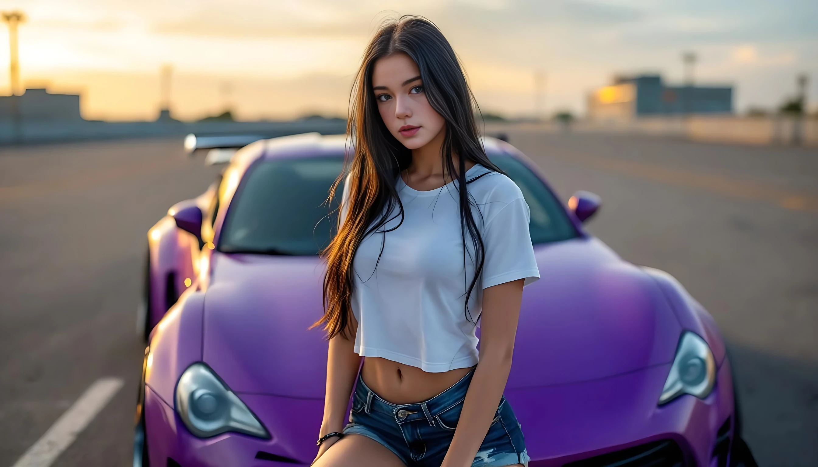 A stunning young woman with long black hair and blue eyes, wearing a tight white t-shirt and denim shorts, leaning against a purple Toyota 86 Liberty Walk in an empty parking lot, full body pose, sunset golden-hour lighting, confident look, urban car model photoshoot.


negative prompt:  blurry, low resolution, low quality, distorted face, extra limbs, extra fingers, missing fingers, deformed hands, unnatural skin texture, overexposed, underexposed, bad anatomy, disfigured, mutated, duplicate face, fused limbs, exaggerated features, unrealistic eyes, anime style, cartoon, doll-like, glitch, watermark, text, logo, grain, noisy background, jpeg artifacts, lens distortion, fisheye,deformed hands, extra fingers, missing fingers, double face, bad anatomy, blurry face, disfigured, bad proportions, low quality, artifact, mutated limbs, asymmetrical eyes, face distortion, incorrect lighting, extra limbs, low quality, bad anatomy, disfigured, mutated, deformed, extra limbs, extra fingers, missing fingers, blurry face, ugly face, inconsistent face, bad hands, face distortion, body distortion, duplicate face, glitch, watermark, logo, text,no text,no watermark,no extra fingers no blurry face
