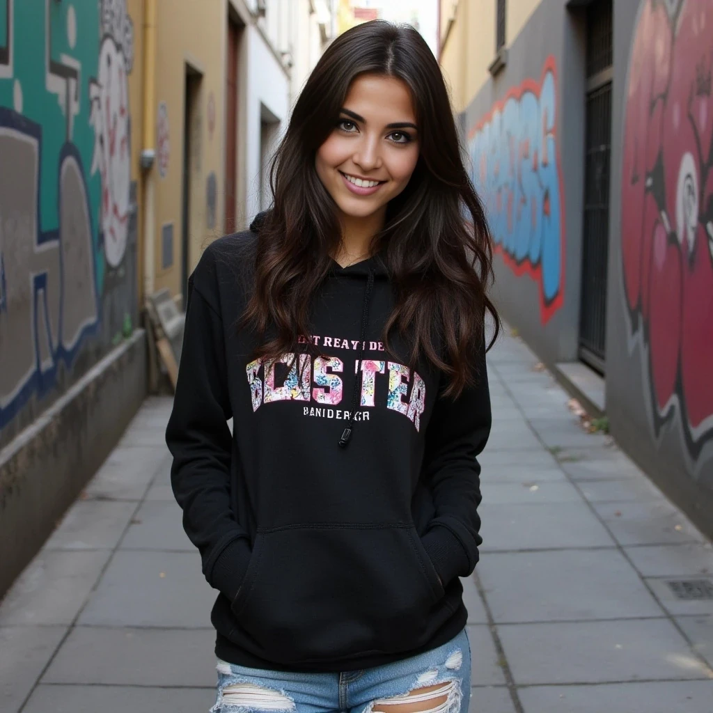 portrait of an attractive brunette woman with green eyes, young 20 year old, hourglass shape body, bubble/heart shape butt, slim, light skin, gamer girl, loves hoodies and cut/ripped jeans, street background with graffiti art on the walls, has a warm smile