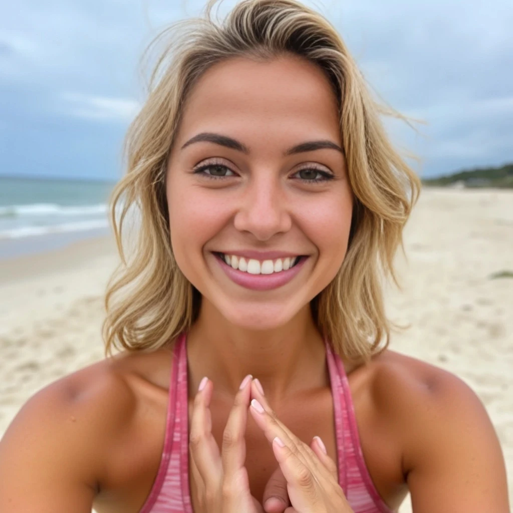 4K, A beautiful young woman with blonde hair, no makeup, naturally imperfect skin, rough skin, tan skin, smiling warmly as she takes a selfie. The focus is on her radiant expression and the center of her chest, doing yoga at the beach. 