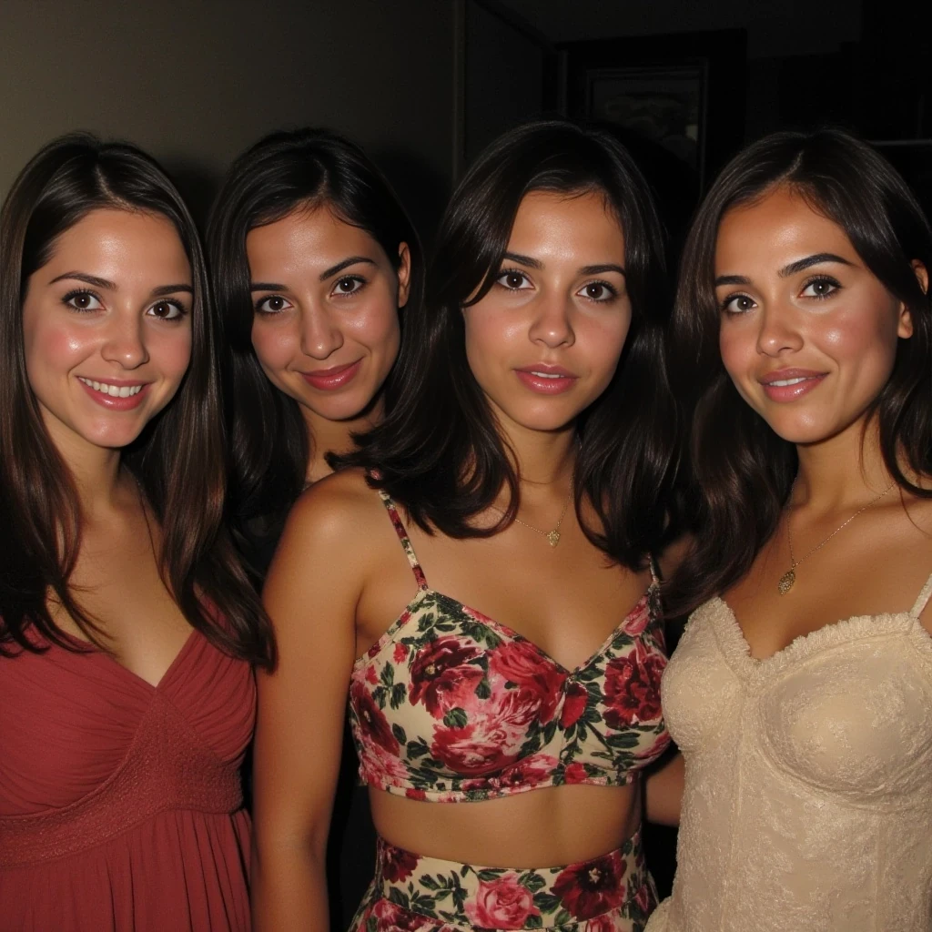 boring low quality snapchat photo circa 2015, four look alikes of her together all brunettes with identical  features

Use realistic facial features, natural body proportions, glowing ambient light, real floral textures, and authentic framing. Avoid distortion, overly posed angles, or artificial enhancement.