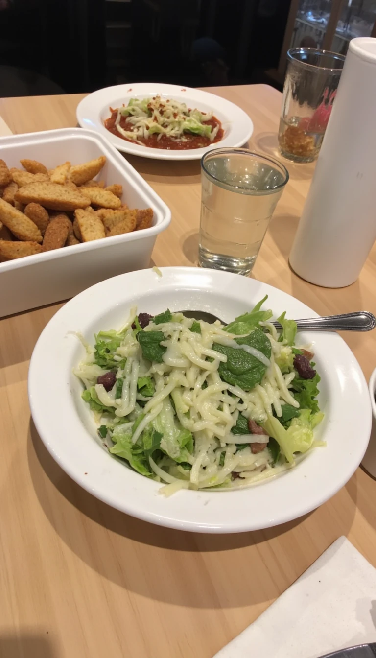 boring low quality snapchat photo circa 2015, this picture is being taken in a McDonalds. The picture is of large salad with a glass of water next to it. There are other food dishes and drink glasses on the table as well.  All the food dishes are white.