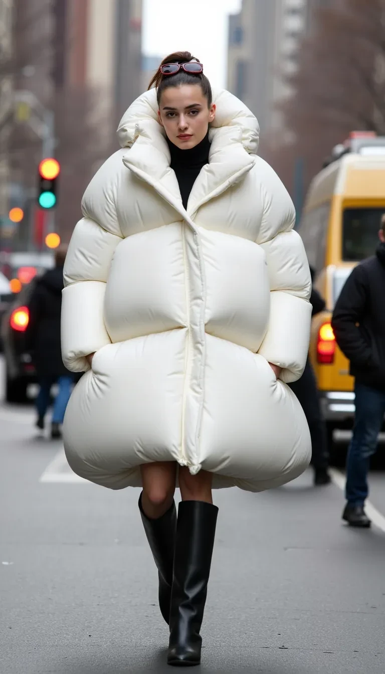 AI image prompt: A model wearing a large, round, closed white puffer coat with an exaggerated, voluminous design. The coat features an oversized hood and thick, multiple quilted sections that give it a highly inflated appearance. The scene is set outdoors on a bustling New York City street, with tall buildings and traffic in the background, capturing the urban vibe and cool weather. The coat’s unique design contrasts with the energetic city atmosphere, making the model stand out as they walk through the busy streets.