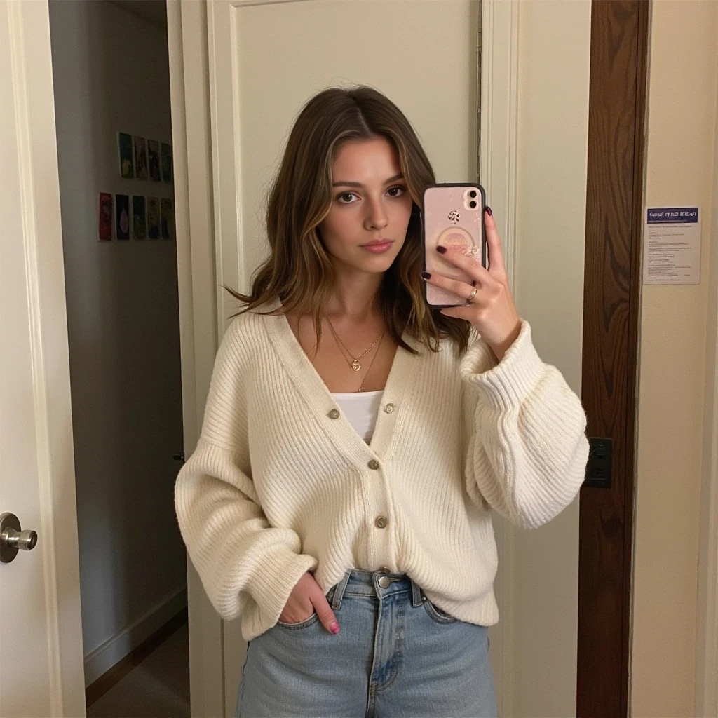 boring low quality snapchat photo circa 2015, cute woman, soft light brown hair, full outfit
