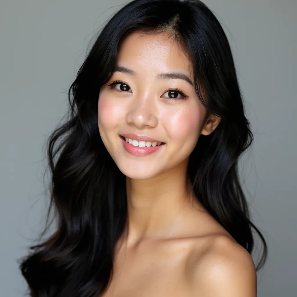 A 23-year-old Asian woman with soft, porcelain skin, heart-shaped face, large almond eyes with winged eyeliner, long silky black hair with soft waves, plump lips with a subtle gloss, and a playful but innocent smile. Inspired by Vina Sky with a slightly more girl-next-door elegance. Subtle blush, natural lashes, smooth and youthful features, camera-ready lighting.