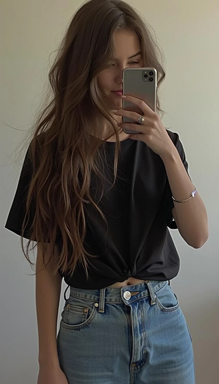 iphone photo, 1girl, photo medium, black shirt, long hair, jeans