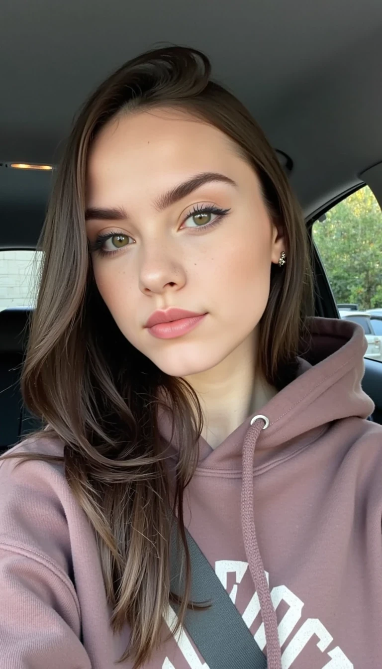 CSTMDL, A pretty brunette with smooth straight hair takes a selfie in a car, wearing a casual hoodie and light makeup. The picture feels spontaneous, like a TikTok moment, realistic and unfiltered style.