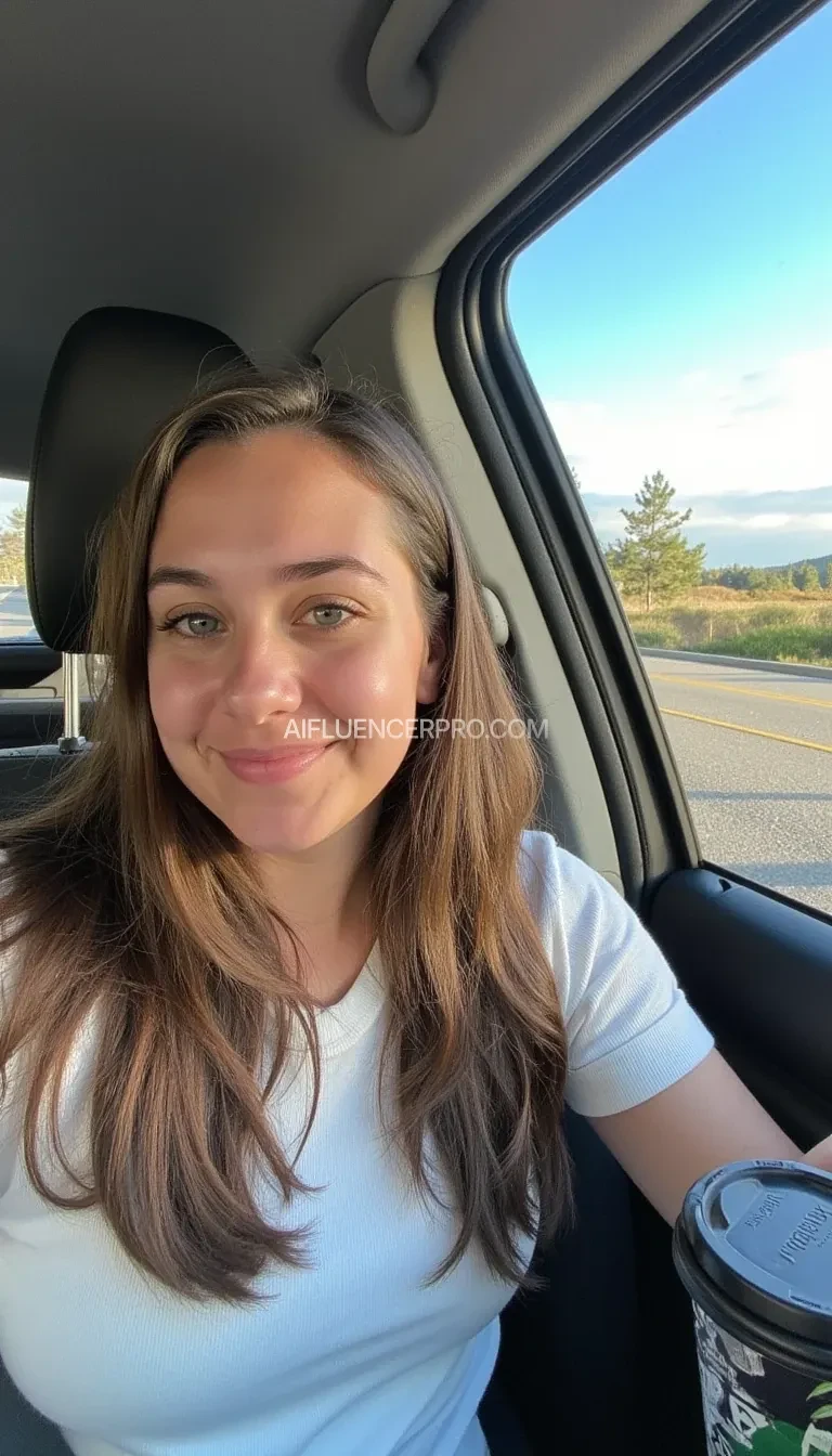 boring low quality snapchat photo circa 2015, A young woman with a warm smile, sitting in the driver's seat of a cozy car. She has soft, wavy brown hair cascading past her shoulders. The sunlight streams through the window, casting a gentle glow on her face. The interior of the car is neat and comfortable, with a coffee cup in the cup holder and a small plant on the dashboard. The background outside the window shows a scenic road lined with trees and blue skies