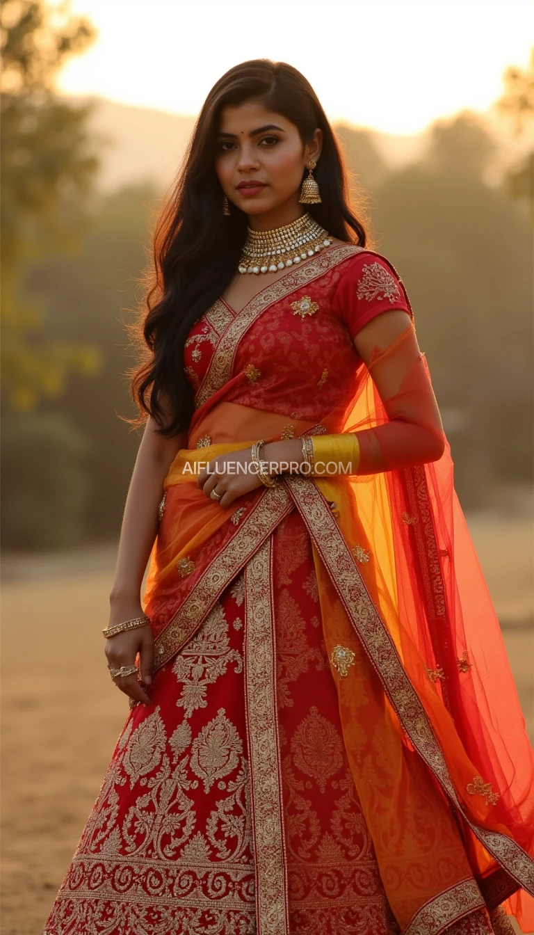 A young Indian woman with radiant brown skin, expressive eyes, and long, flowing black hair. She is wearing a beautifully embroidered traditional lehenga with intricate golden patterns, vibrant red and orange colors, and delicate jewelry, including jhumkas and a maang tikka. She stands gracefully in an outdoor setting with a soft, golden sunset in the background, creating a warm and elegant atmosphere. The image has a high level of detail, soft lighting, and a natural pose, making her look confident and charismatic. The aesthetic is cinematic with a shallow depth of field, enhancing her presence