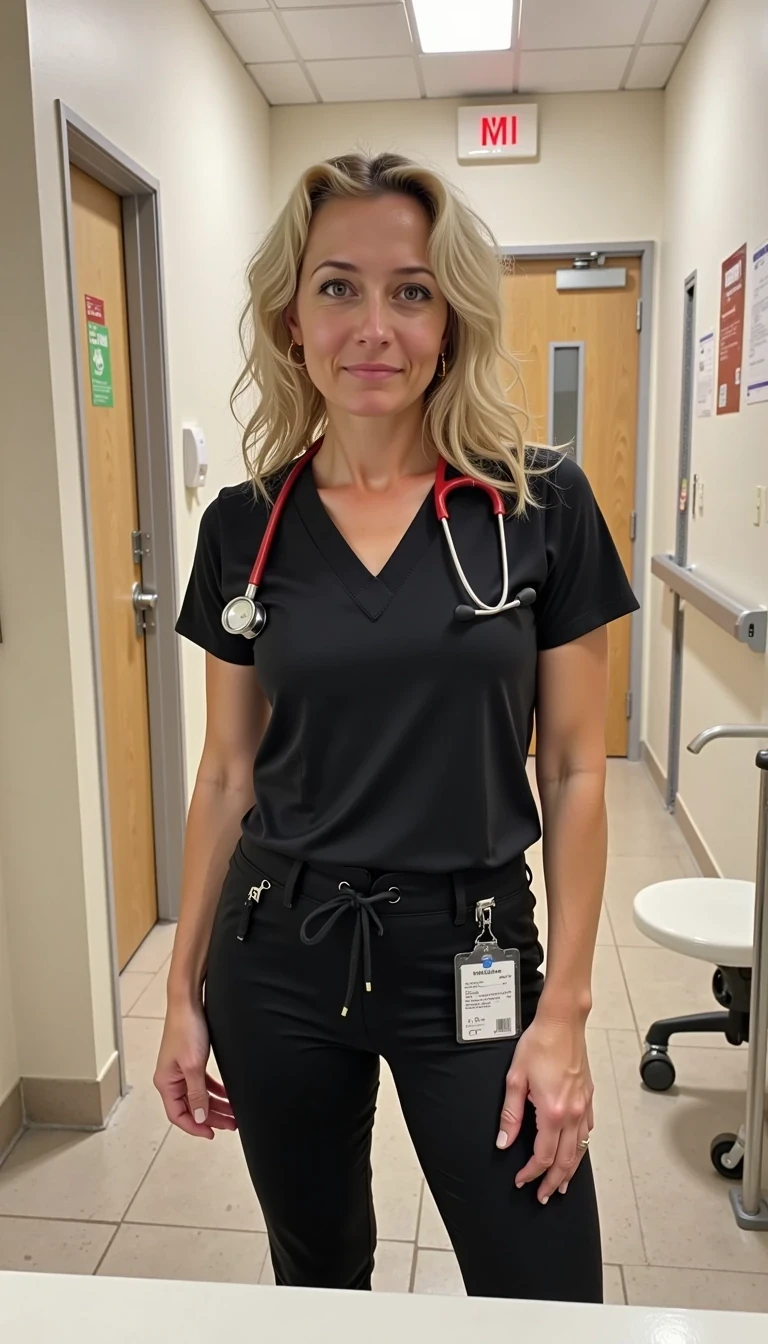 A fashionable mid-30s CSTMDL woman posing indoors in a hospital bathroom. She has shoulder length curly blonde hair and tanned skin. She is thin but athletic and toned. She has a small waist and a round butt. She wears black tight fitting nurse scrubs, with a name tag hanging from her pocket and a stethoscope draped around her neck. The style is an informal selfie, full body shot in the bathroom. Her expression is pleasant and nurturing. Her skin is super realistic. She is in the middle of changing. Her body is sexy. Boring low quality snapchat.
