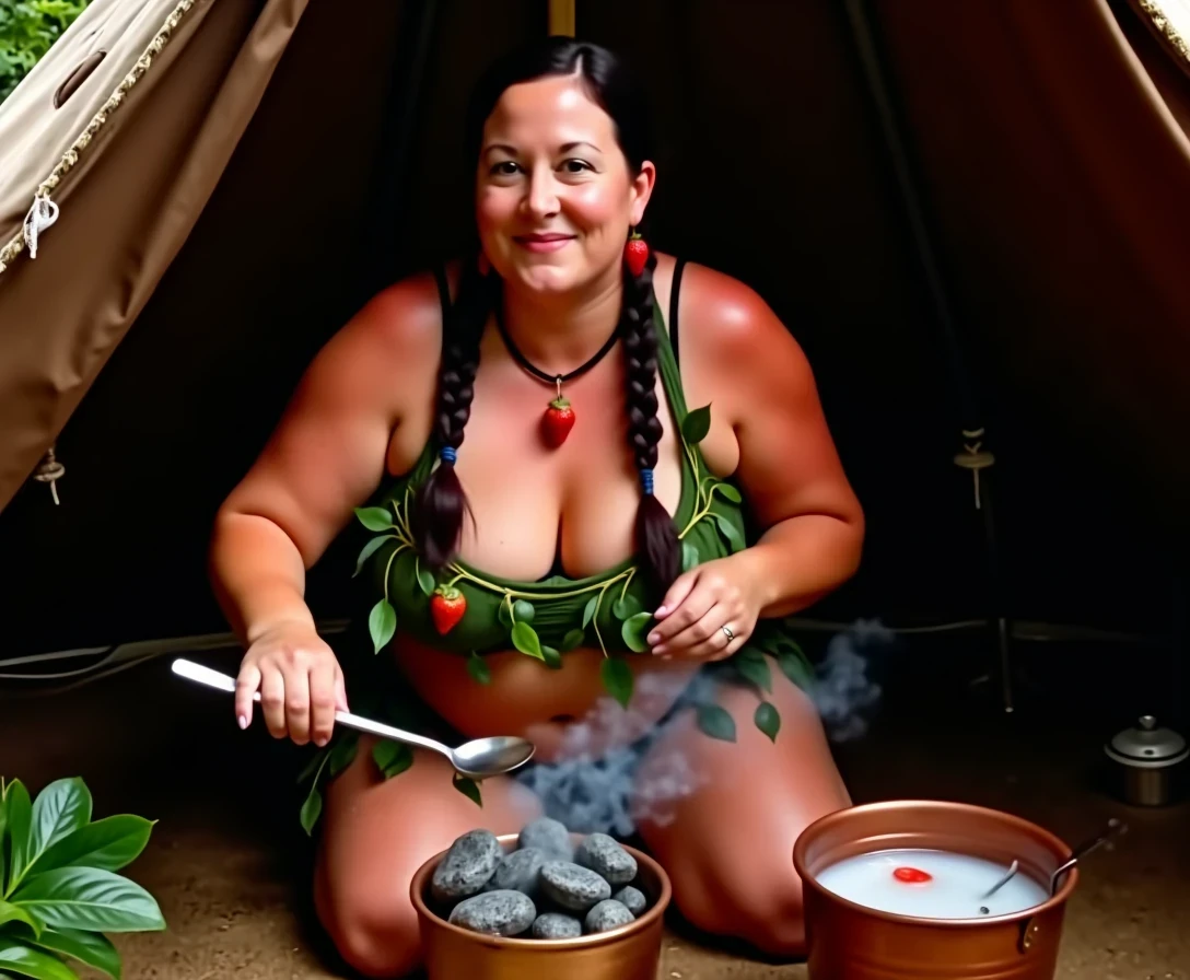Amateur photography a medium shot photo of CSTMDL ... a 35-year-old milf. The woman who is Native American has white skin tone, she is short with a chubby build, huge natural boobs, her nipples are big and dark pink skinned. Her areolas peek out of her bra. She is wearing her hair in a native American style with 2 long braids. She is wearing real strawberry earrings. She is wearing a wide leather choker with a strawberry hanging from it. the woman is wearing many vines in a dark green palette, the vines drape across and surround her entire chest body both of her breasts arms and neck, a large amount of vines that visiblly hide her nipples, there are strawberries hanging from the vines that surround her body in various places. She is kneeling on the ground inside a primitive wigmam. There is a copper pail of water next to a small fire that are both beside the woman. She is pouring a large spoon of water onto hot rocks that are inside the small fire. There is steam coming out from the water as it touches the hot rocks. There is steam filling the scene. She is maintaining intense eye contact with the camera slightly smiling. The composition captures a casual, candid moment, romantic setting, Hyper realism, ultra-sharp focus, depth of field, perfect meshes and textures, highly detailed, highly accurate reflections, natural lighting, shot on an iPhone, 