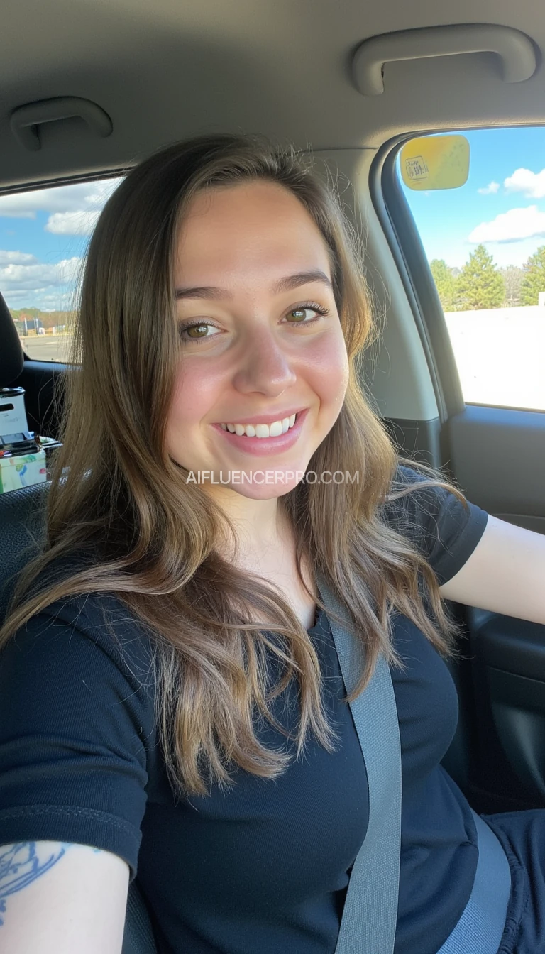 boring low quality snapchat photo circa 2015, A young woman with a warm smile, sitting in the driver's seat of a cozy car. She has soft, wavy brown hair cascading past her shoulders. The sunlight streams through the window, casting a gentle glow on her face. The interior of the car is neat and comfortable, with a coffee cup in the cup holder and a small plant on the dashboard. The background outside the window shows a scenic road lined with trees and blue skies
