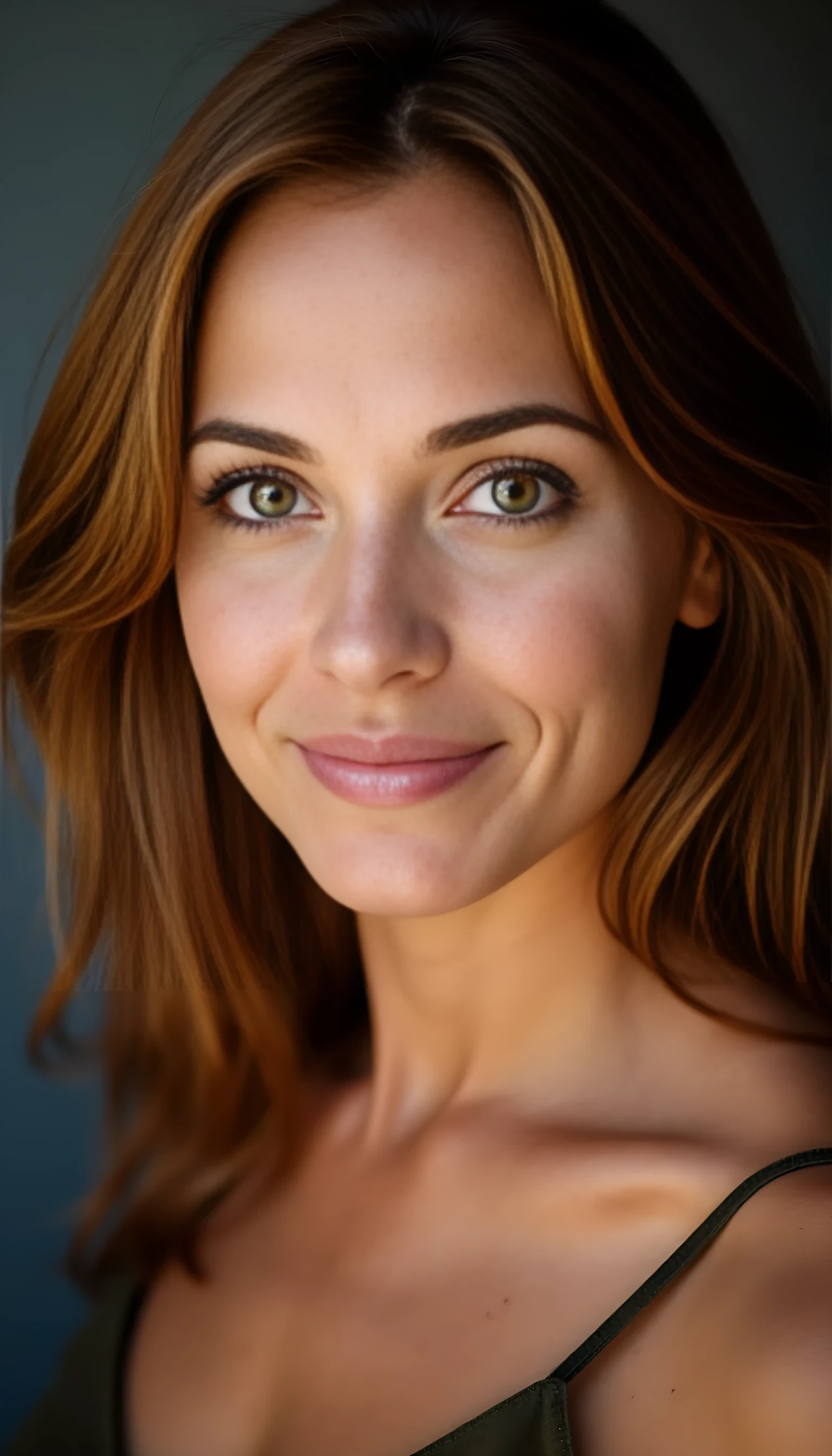 A portrait photo of a beautiful 44 years old woman, mixed ethnicity of half white American half Brazilian, with chestnut hair, ultra detailed eyes with sharp iris reflections, slight smile, studio high-quality