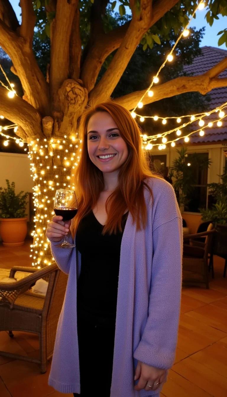 A full body shot photo of a woman standing outdoors at a cozy, warmly lit patio in the evening, with soft, glowing lights wrapped around a tree behind them creating a charming atmosphere. The image is rich in detail, with warm tones and clear textures throughout. The woman has fair skin, a slim build, and long reddish-blonde hair, also worn loose. She is smiling warmly at the camera, holding a glass of red wine in her right hand, and wears a soft-textured lavender cardigan over a black top. The background features a large tree with sparkling string lights wrapped around its trunk and branches, adding a magical touch to the scene. The setting suggests a private outdoor seating area, with elements like terracotta-tiled roofing, greenery, and rattan chairs contributing to a serene, inviting vibe. The overall composition is balanced, with the woman framed against the softly glowing tree, and the lighting enhances the warm, intimate feel of a quiet evening shared among friends. The details are vivid, with textures of clothing, skin, and background elements clearly visible, while the warm lighting creates a relaxed and joyful mood
