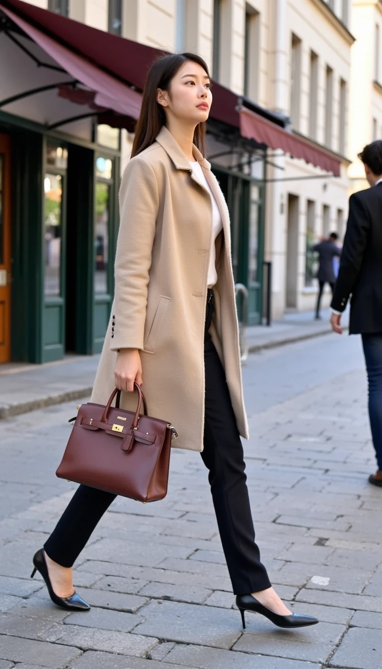 A stylish Korean woman, slender and fashionable, confidently walking down a chic Parisian street. She carries a luxurious Hermès bag, perfectly complementing her elegant outfit. The scene is captured in a medium shot, with the iconic Parisian architecture and cobblestone streets softly blurred in the background. The woman’s sophisticated, yet effortless style radiates confidence and grace, as she moves with poise through the vibrant urban setting