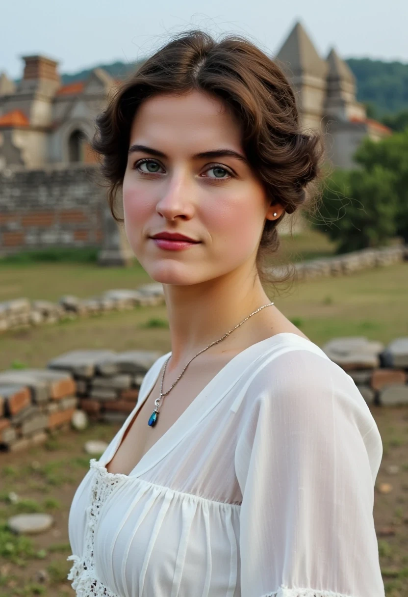woman CSTMDL, photo ((medium)), brunette, blue eyes, cold smile, 1900 white dress, small pendant, tied hair, big breast, cambodian khmer ruins in background
