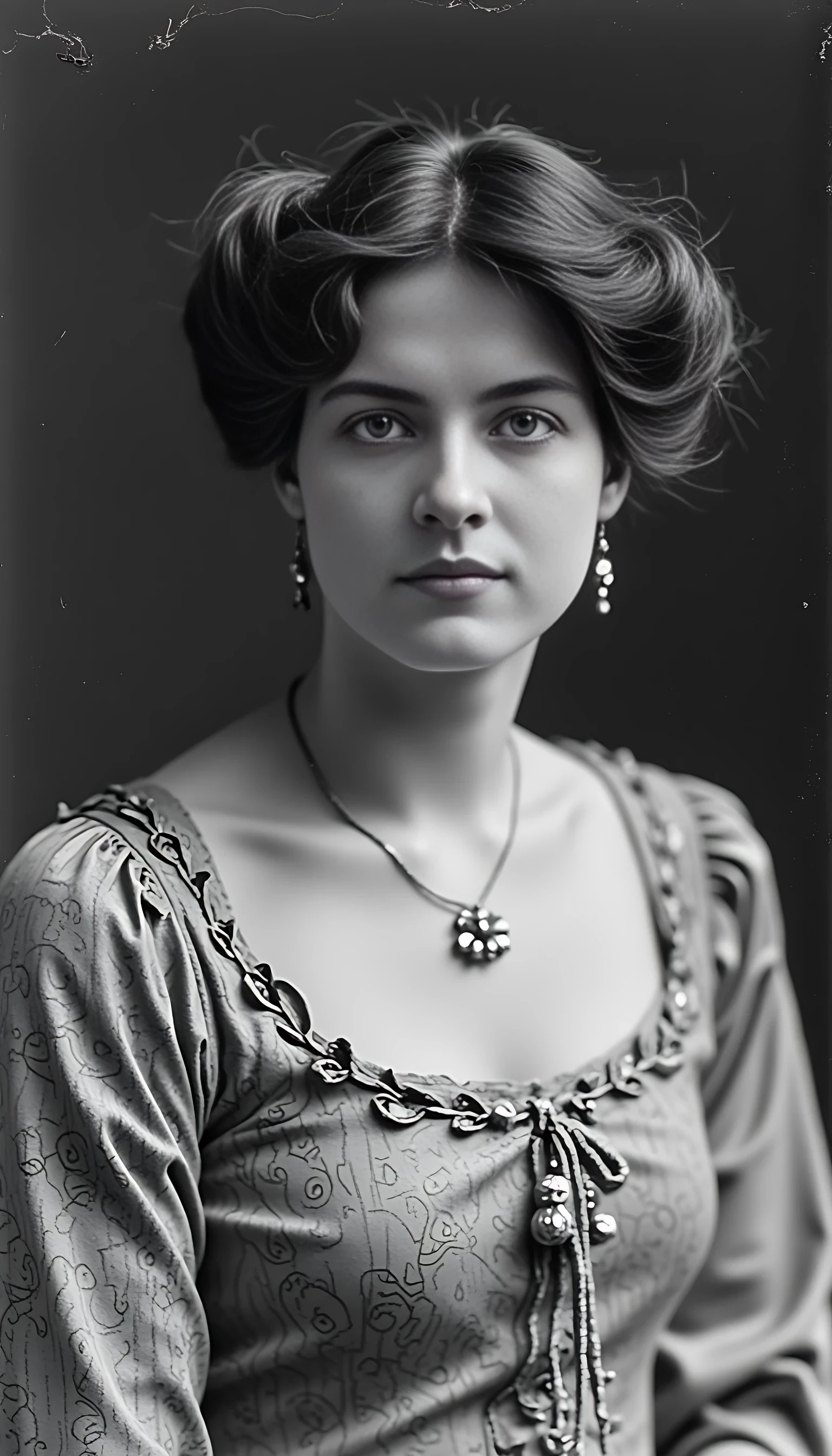 Black and white old worn photography of woman CSTMDL, brunette, ice blue eyes, cold smile. Thin and athletic body, with a flat stomach but plain and sexy feminine curves. 1900 gala robe, small pendant and jewellery, 1900 classy haircut