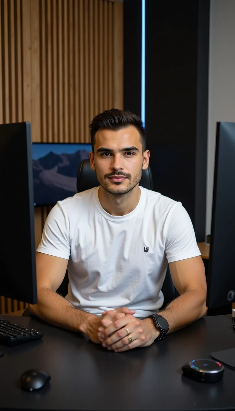 a full body of a young, handsome man. He has a symmetrical oval face, clean and well-defined jawline, neatly groomed short brown hair styled upwards, and light stubble beard. His eyebrows are dark and sharp, his eyes medium-sized, brown and expressive, with a confident yet approachable look. His lips are full and well-shaped, with a natural calm smile.

The man has an athletic, fit body with broad shoulders and toned arms. He is wearing a casual modern outfit: a fitted white t-shirt (ZARA style) and slim jeans. He is sitting in his Photorealistic modern office interior, shot with a professional wide-angle lens. A sleek matte black desk with a 34-inch curved monitor sits at the center. Behind the desk, the wall is covered with vertical black wooden lamellas, with integrated LED light strips glowing in a soft pale blue color between them. Realistic textures of wood and matte finishes, soft reflections on the monitor and desk surface, natural shadows, high dynamic range lighting, ultra-detailed, 8K resolution, cinematic look

The photo feels cinematic, influencer-style, high quality, professional composition.
Well lit picture, Style: Photorealistic Lighting: studio lighting 
Details: Bright Lighting, High Detail, 4K
he stand infront of camera , photoghraped by a photograph
