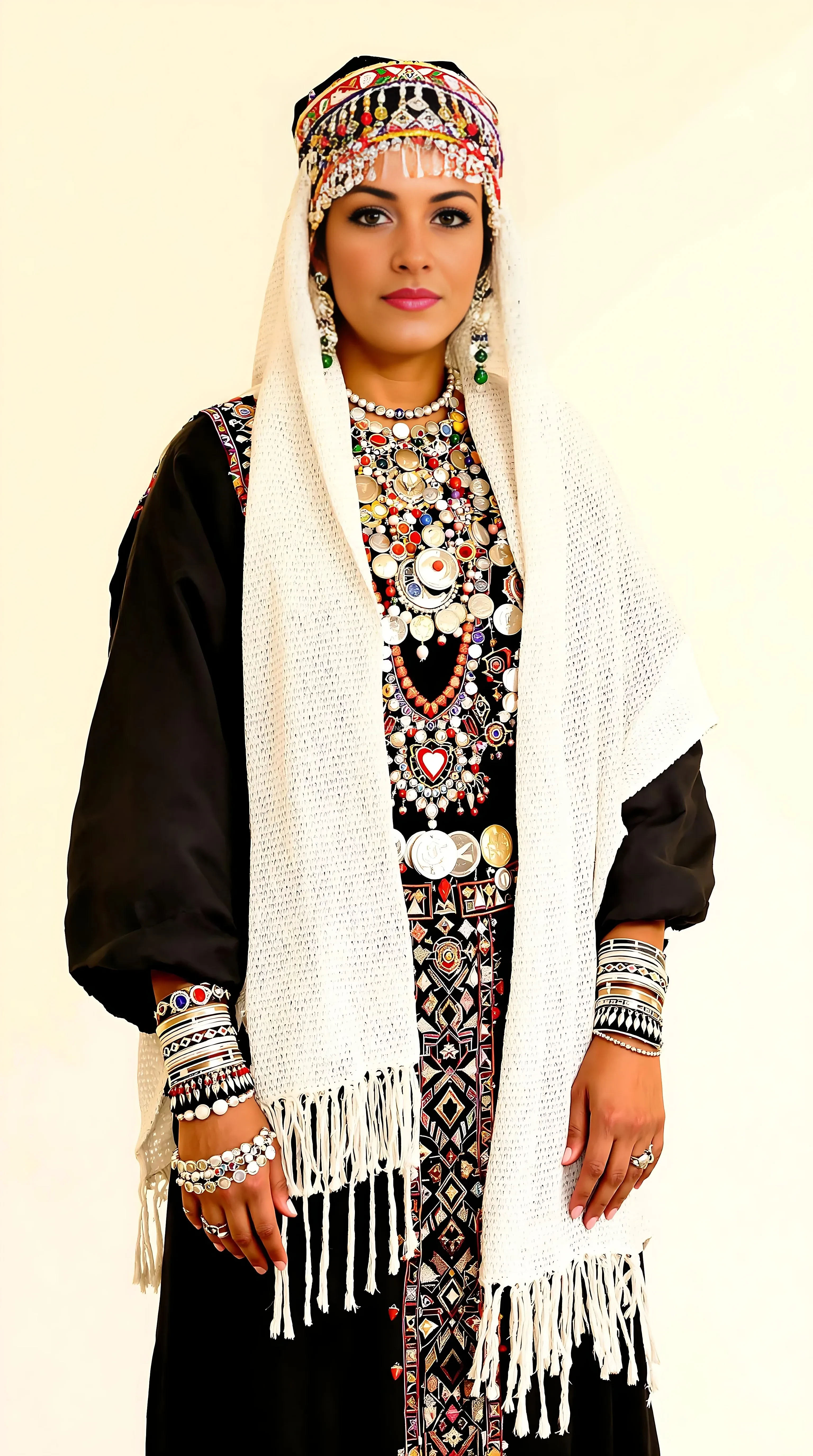 A realistic full-body portrait of a Moroccan Berber woman standing in a dignified pose. She is wearing traditional Amazigh clothing, including a black dress with intricate embroidery, a white woven shawl draped over her shoulders, and detailed silver jewelry featuring coins and coral stones. Her head is covered with a traditional Berber headpiece, adorned with beads and vibrant patterns. The pose is stoic and elegant, with her hands resting naturally at her sides. The lighting is soft and warm, and the background is plain, emphasizing the intricate details of her traditional attire and jewelry. The overall look reflects authentic Amazigh heritage and cultural accuracy